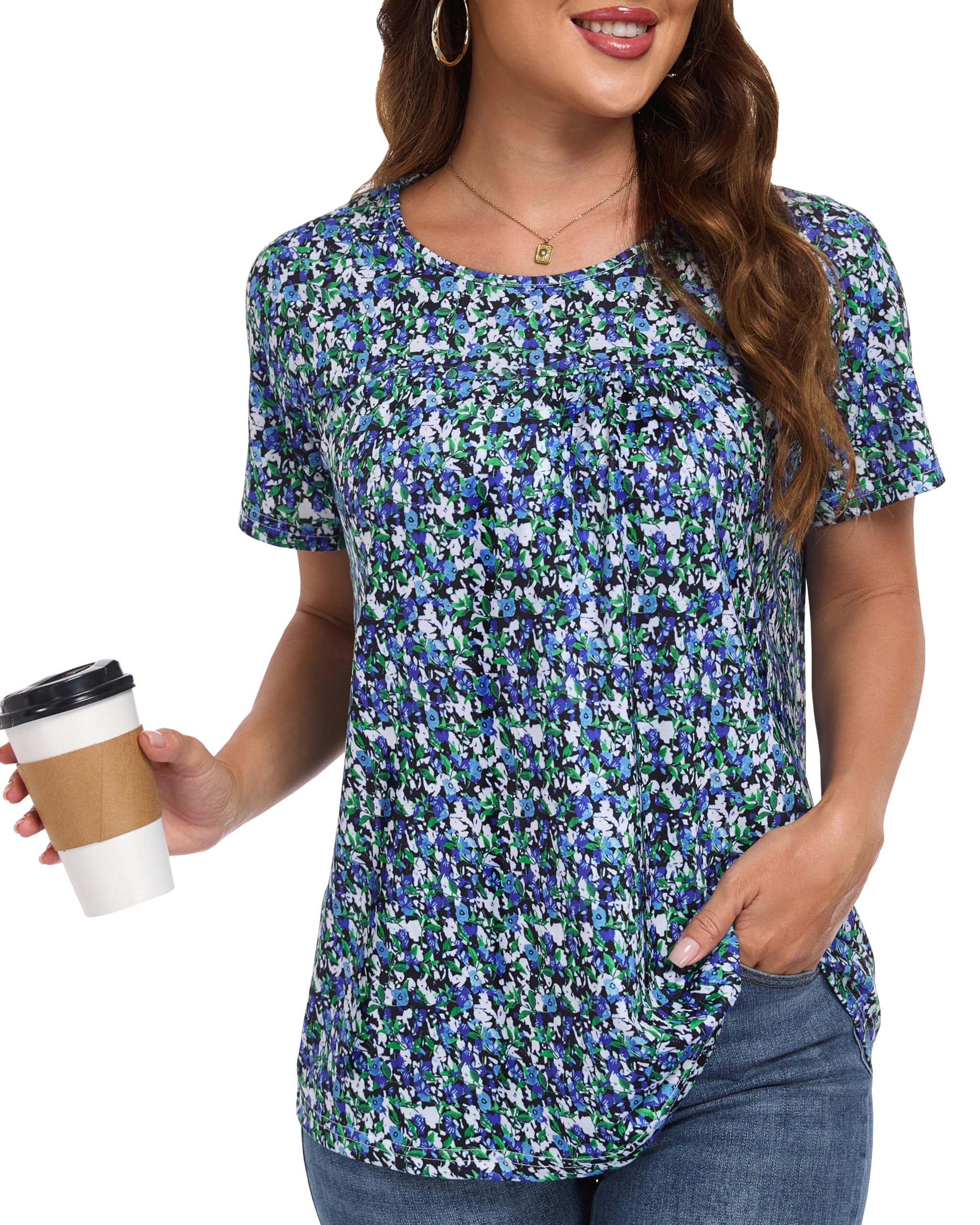 Womens T Shirts Short Sleeve Tops Casual Pleated Front Blouses Flowy Scooped Neck Summer Outfits