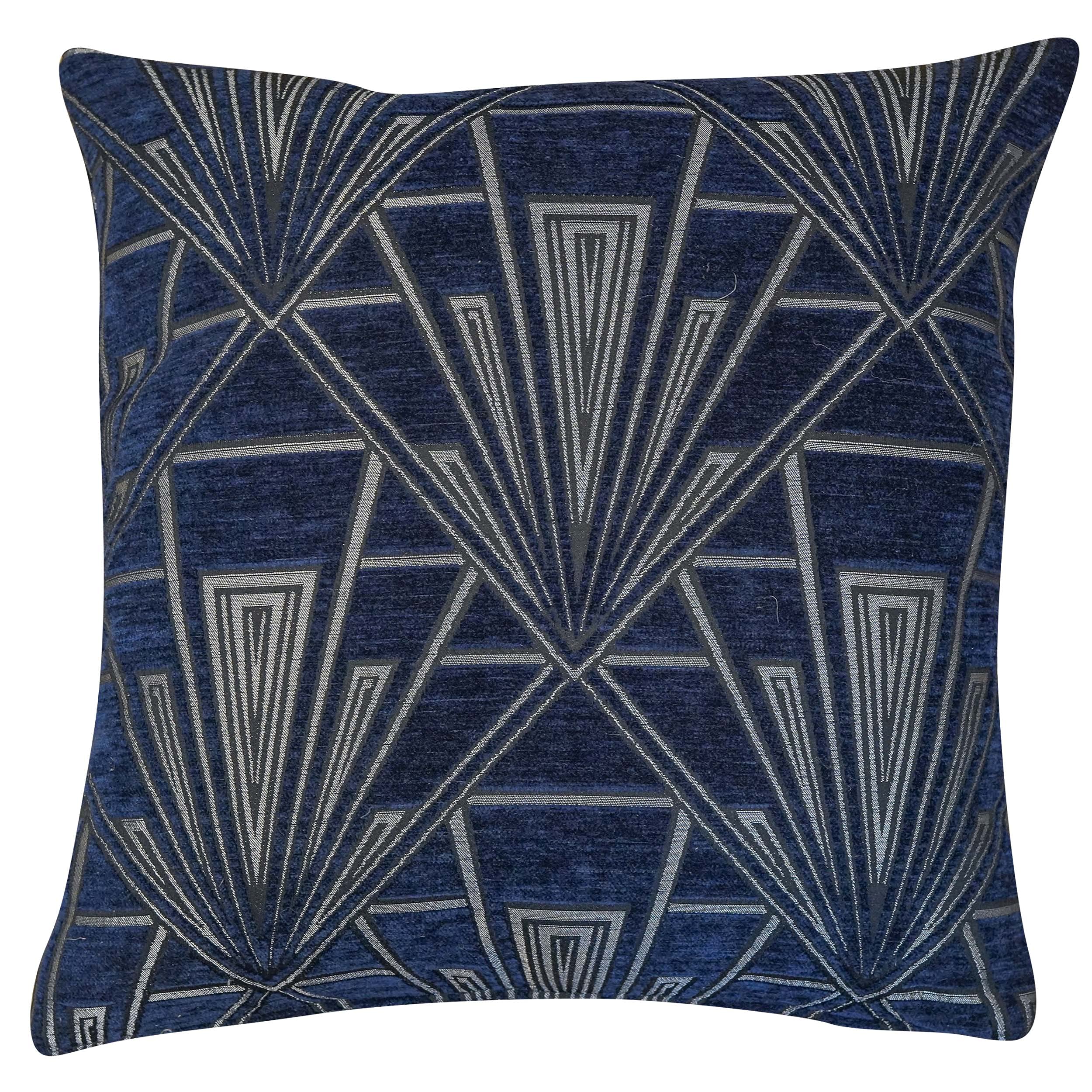 Linen Loft Art Deco Geometric Cushion Cover. Navy Blue and Silver Vintage Design. Luxury Velvet Chenille. 17x17 Square. Cover Only.