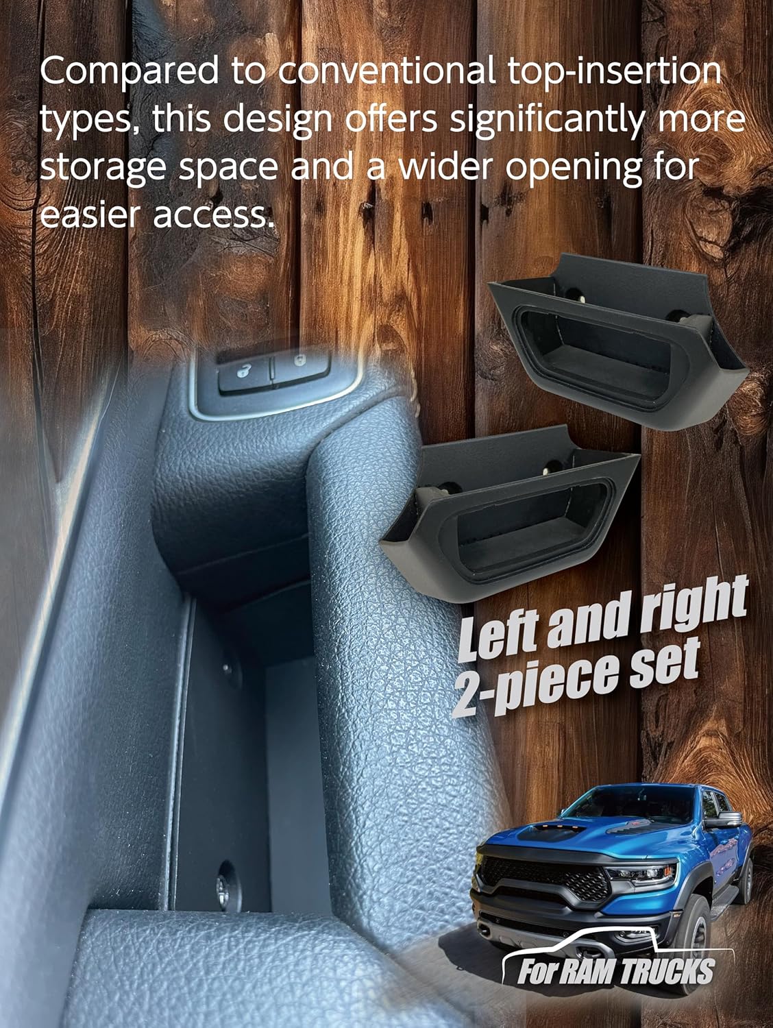 Door Side Organizer Storage for RAM 1500 2019+, Front Door Handle Pocket Tray Insert, Bolt-On No Drill, Left Right Set, OEM Fit Look (Not Classic)