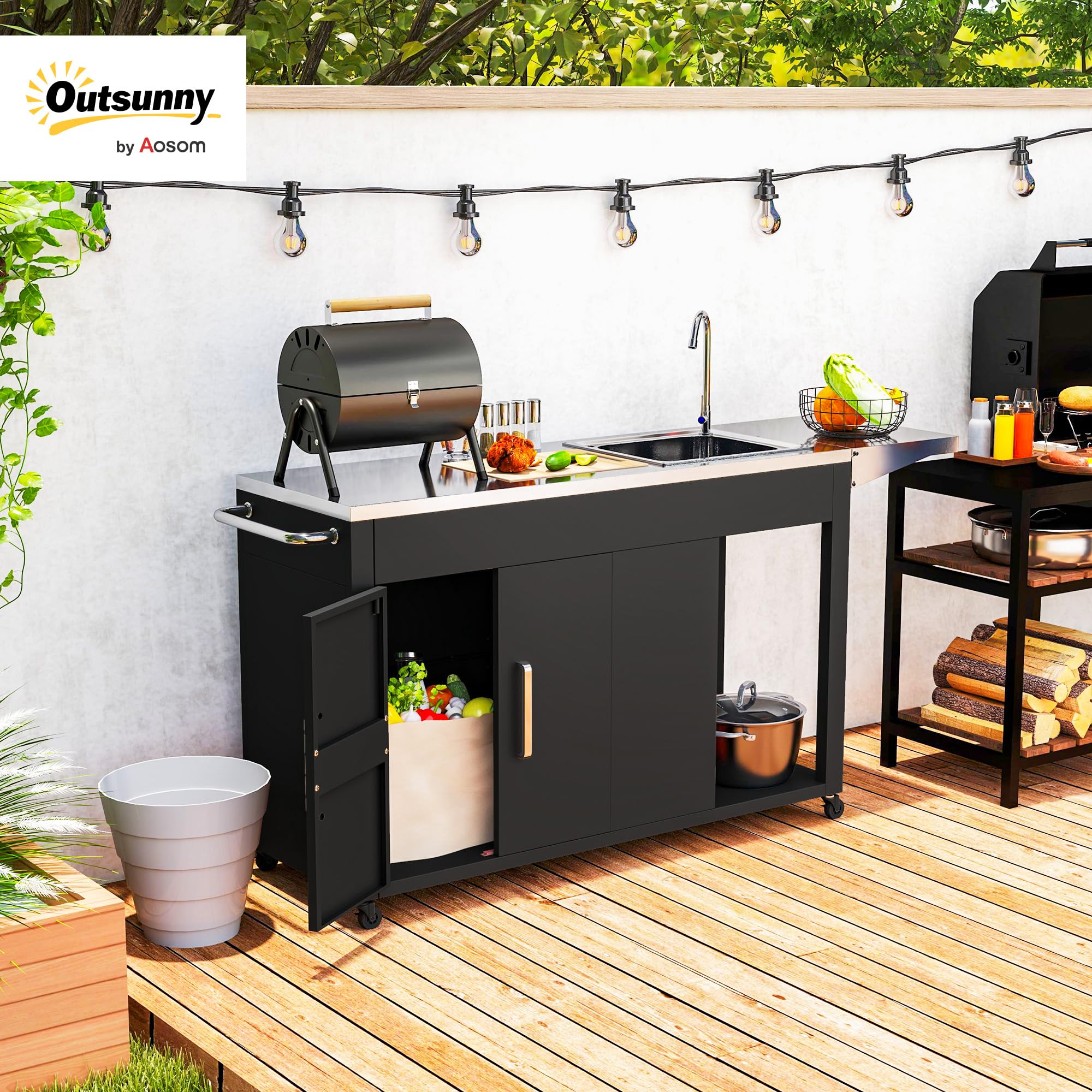 Outsunny Grillwagen Servierwagen mit Arbeitsfläche Seitenblatt Schrank Spüle Räder, BBQ Grilltisch aus Edelstahl, Outdoor Grill Beistelltisch für Garten, Terrasse, Grill 162,5 x 47 x 87cm Schwarz