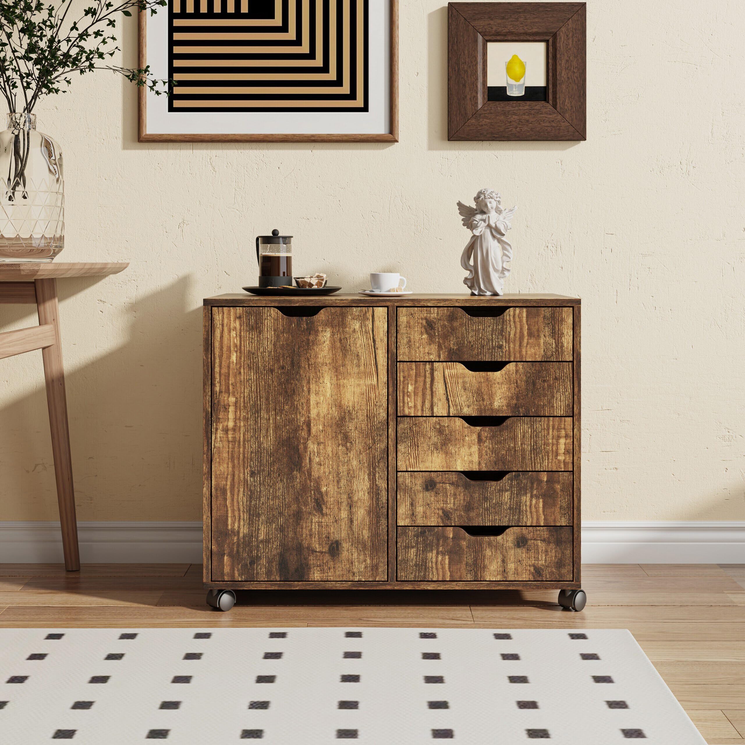 Relaxdays Kontener na kółkach, 5 szuflad i 2 przegródki, (wys. x szer. x gł.): 65 x 78 x 40 cm, szafka biurowa, szafka na dokumenty z kółkami, do biura, brązowy