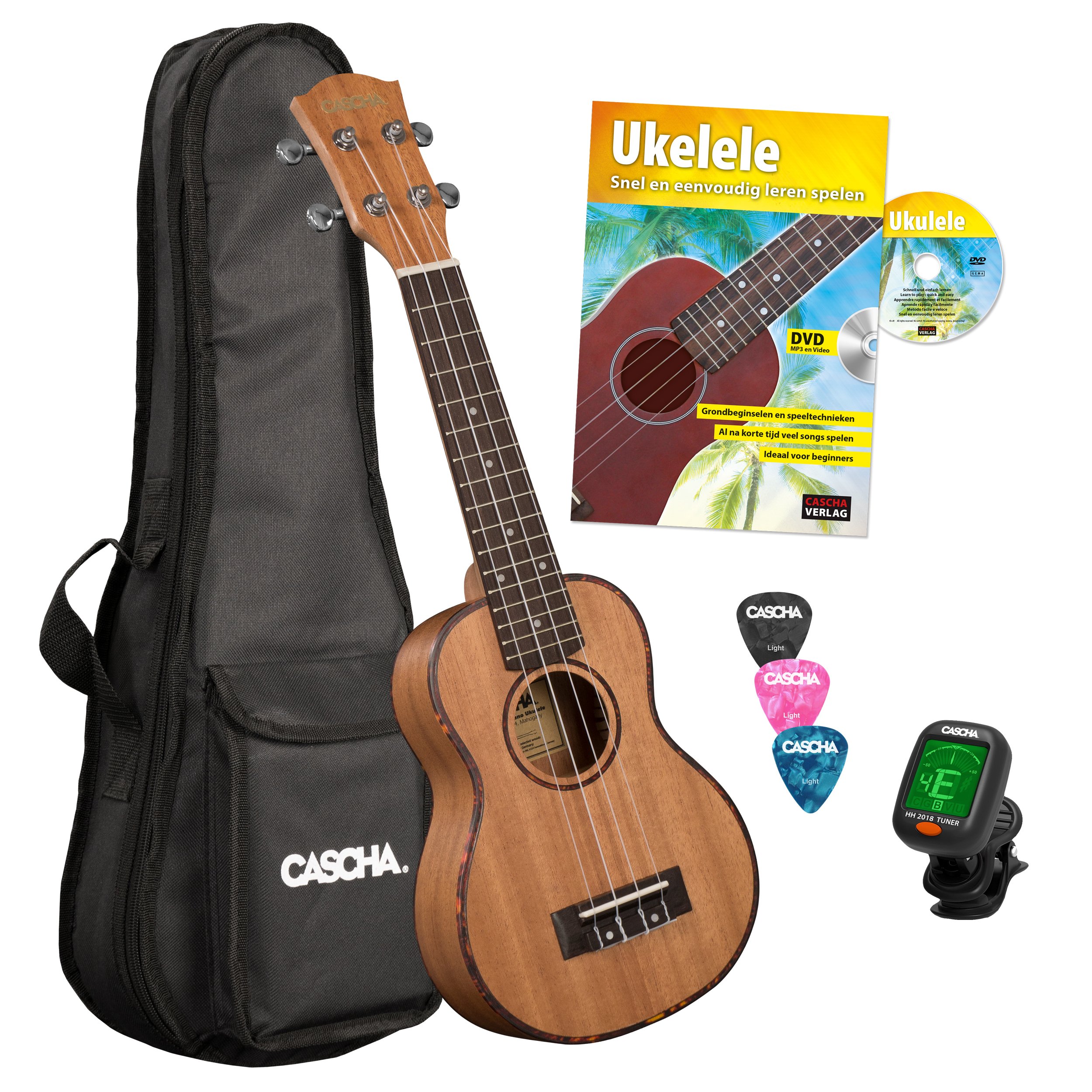 Cascha Sopran Ukulele Set I Ukulele Starter Kit mit 3 Plektren Tasche Stimmgerät & niederländischem Lehrbuch I Sopran Ukulele Mahagoni I Kleine Hawaii Gitarre für Anfänger & Fortgeschrittene
