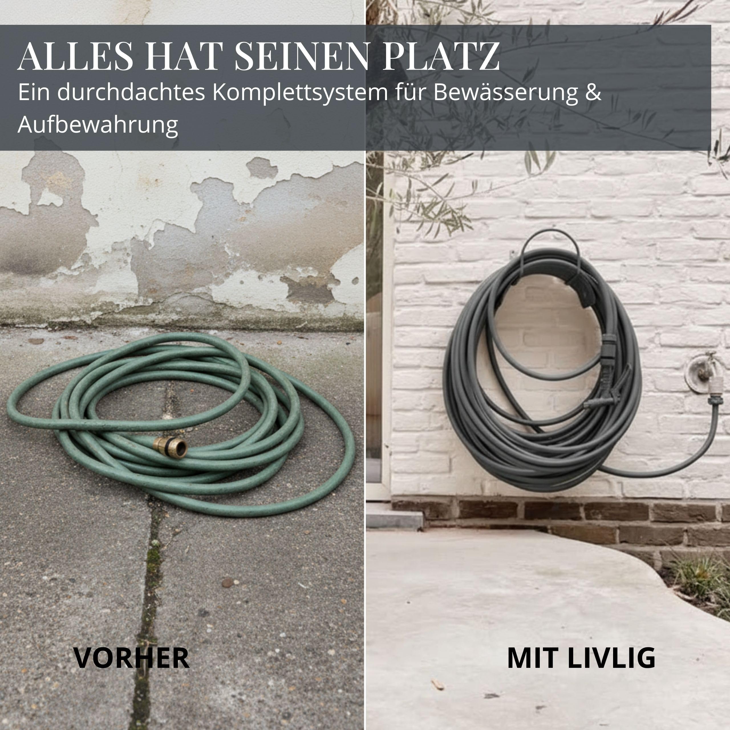 LIVLIG Gartenschlauch 1/2 Zoll 30 m Set – 1/2 Zoll Wasserschlauch inkl. Wandhalterung und Messing Sprühpistole (stufenlos regulierbar) & Kupplungen, Bewässerungs-Set 30m, Anthrazit
