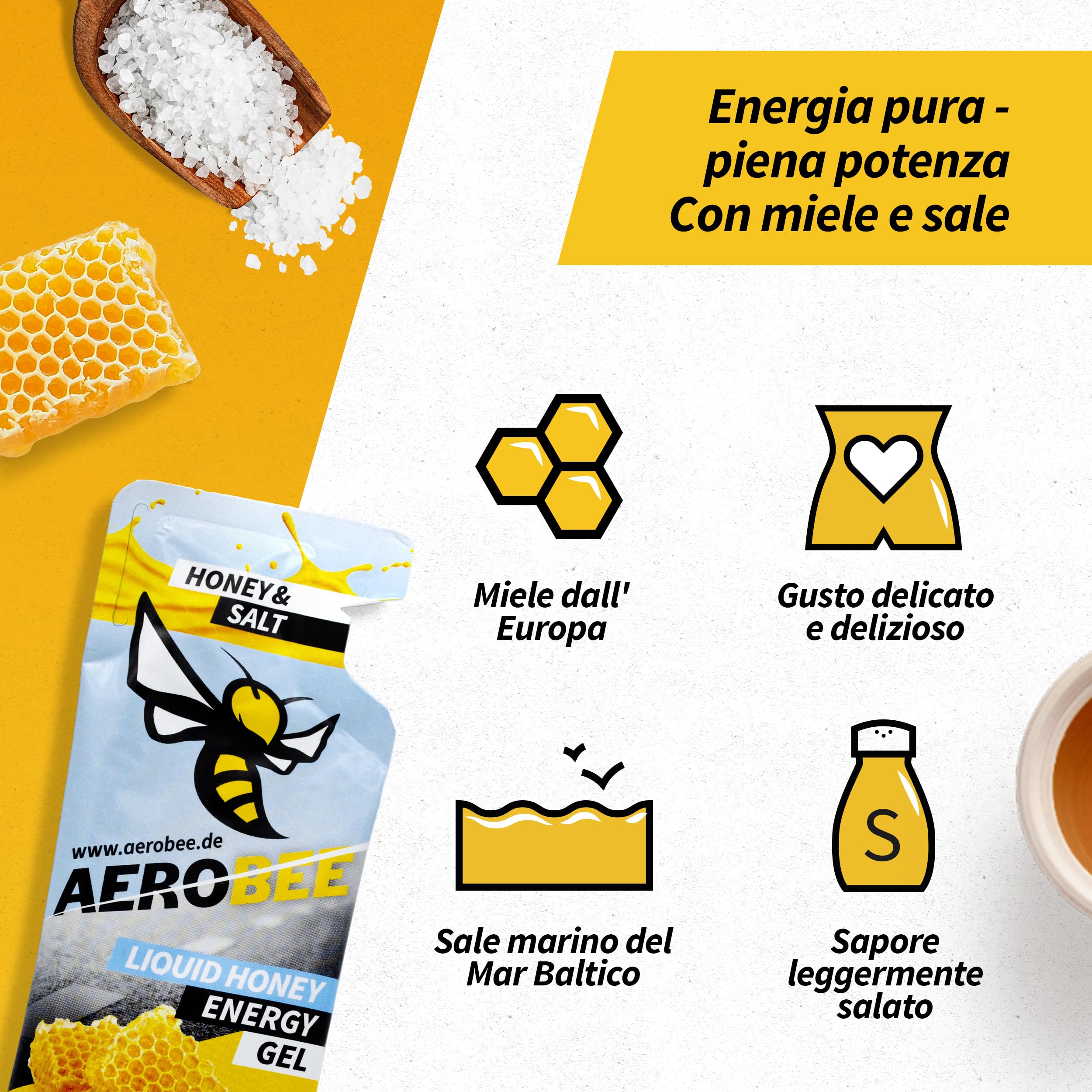 AEROBEE Gel energetico liquido - Miele & Sale 10x26g [100% energetico naturale al miele] delizioso gel sportivo adatto per sport di resistenza e corsa, con carboidrati