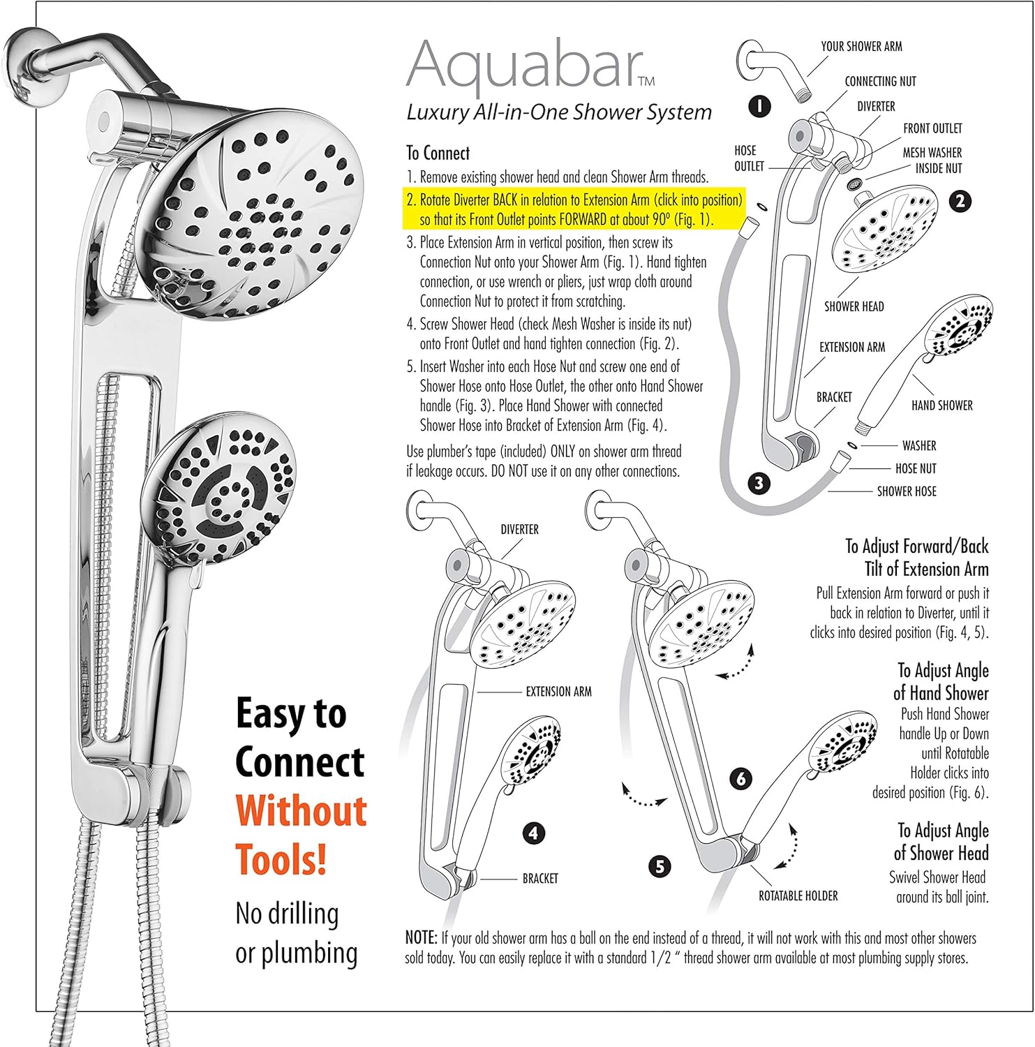 AQUABAR High-Pressure 3-way Shower Spa Combo with Adjustable 18" Extension Arm for Easy Reach & Mobility! Enjoy Luxury 6" Rain & Handheld Shower Head Separately or Together! All-Chrome Finish