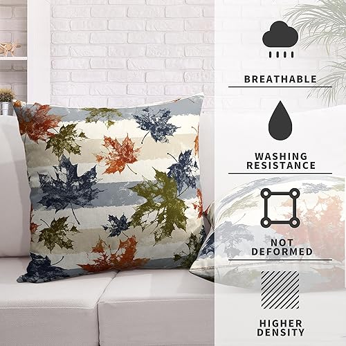 Miniatura 3 de Fundas de almohada de hojas de arce otoñales de 22 x 22 pulgadas, paquete de 2 fundas de almohada modernas de lino y algodón, cuadradas, con rayas