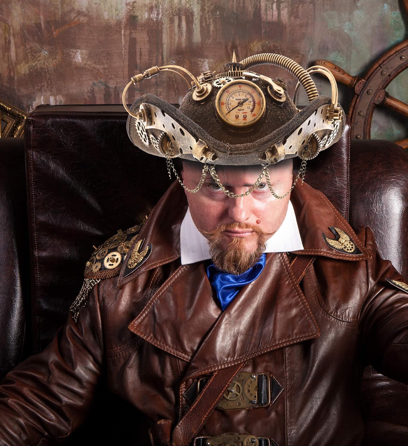 Steampunk Pirate Tricorne Top Hat, Novelty Costume Mask - Gold