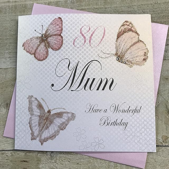 WHITE COTTON CARDS Handmade 80 Mum Have a Wonderful Vintage Butterflies 80th Birthday Card, White, PM80, 16cmx16cm