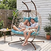 Vista 13 de NICESOUL Acogedora silla colgante con soporte para interiores y exteriores, silla columpio de mimbre para patio con cojín y patas doradas, 350