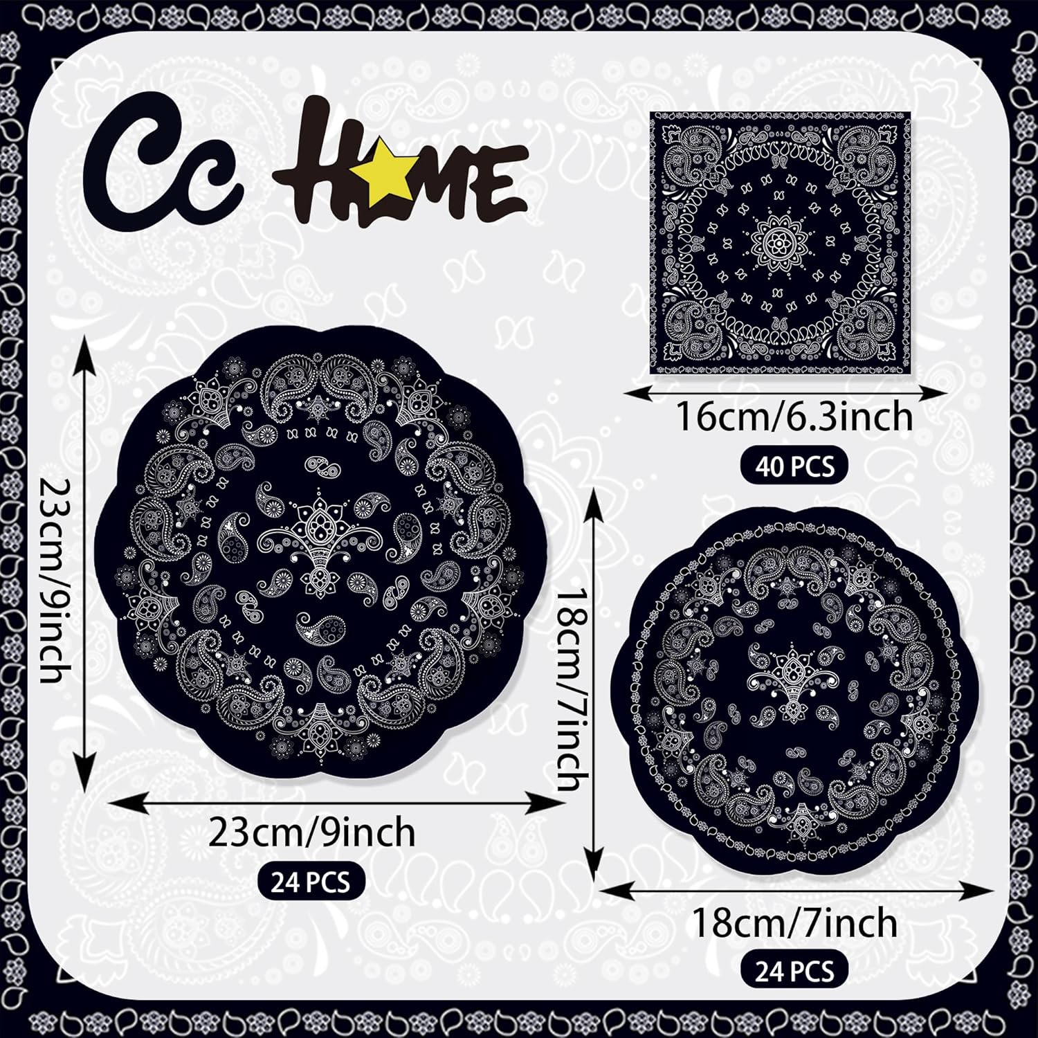 CC HOME Black Bandana Birthday Paper Plates Napkins Paisley Print Disposable Tableware Set Party Supplies Western Cowboy Theme Dinnerware Sets Serves 24 Guests for Party Plates Napkins 88PCS - Image 2