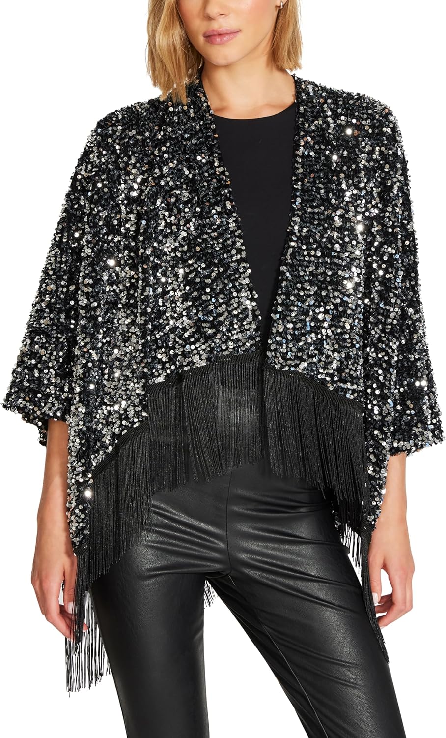 STEVE MADDEN SEQUIN FRINGE CROP RUANA