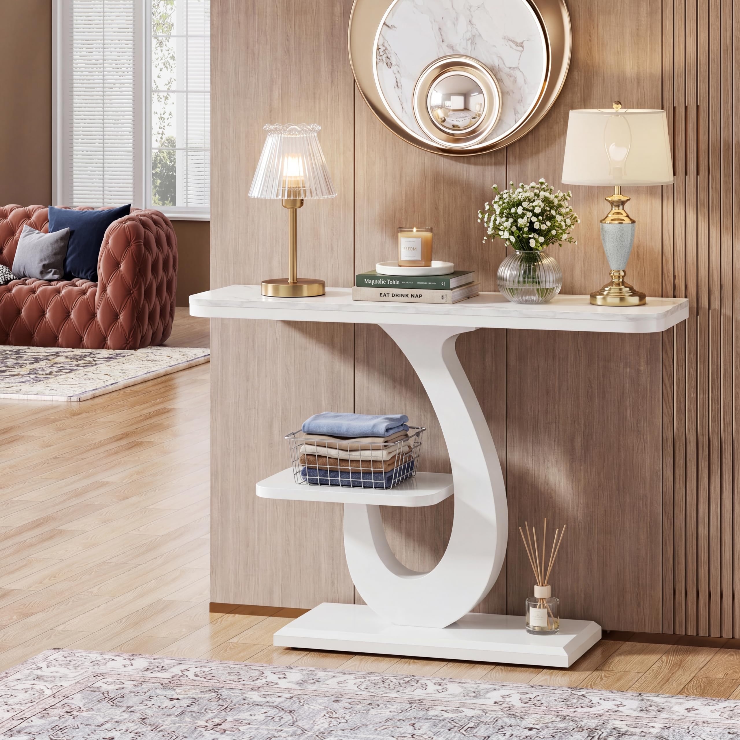 Tribesigns Tavolo consolle sottile bianco, 100 cm, moderno con effetto marmo e ripiano per divano, per ingresso, corridoio, soggiorno, dietro il divano, foyer