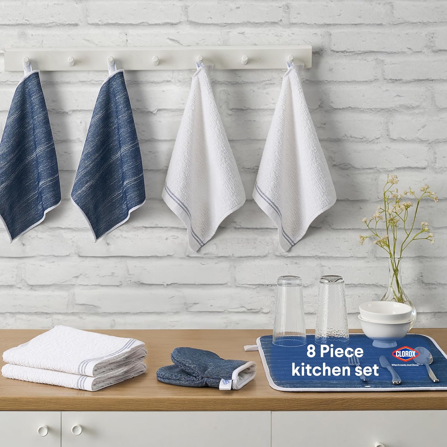 Clorox Premium Kitchen Set - Perfect for Home Cleaning & Handling Dishes - 2 Cotton Kitchen Towels, 2 Cotton Dishcloths, Mini Oven Mitt, Dish Drying Mat, 2 Scrubber Dishcloths - 8 Pc Set
