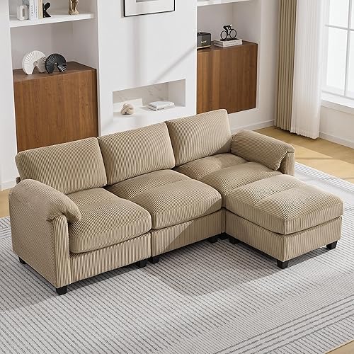 Miniatura 19 de Sofá nube seccional en forma de V de 114 pulgadas con otomana, sofás modulares de 7 plazas para sala de estar, sofá de pana de gran tamaño con