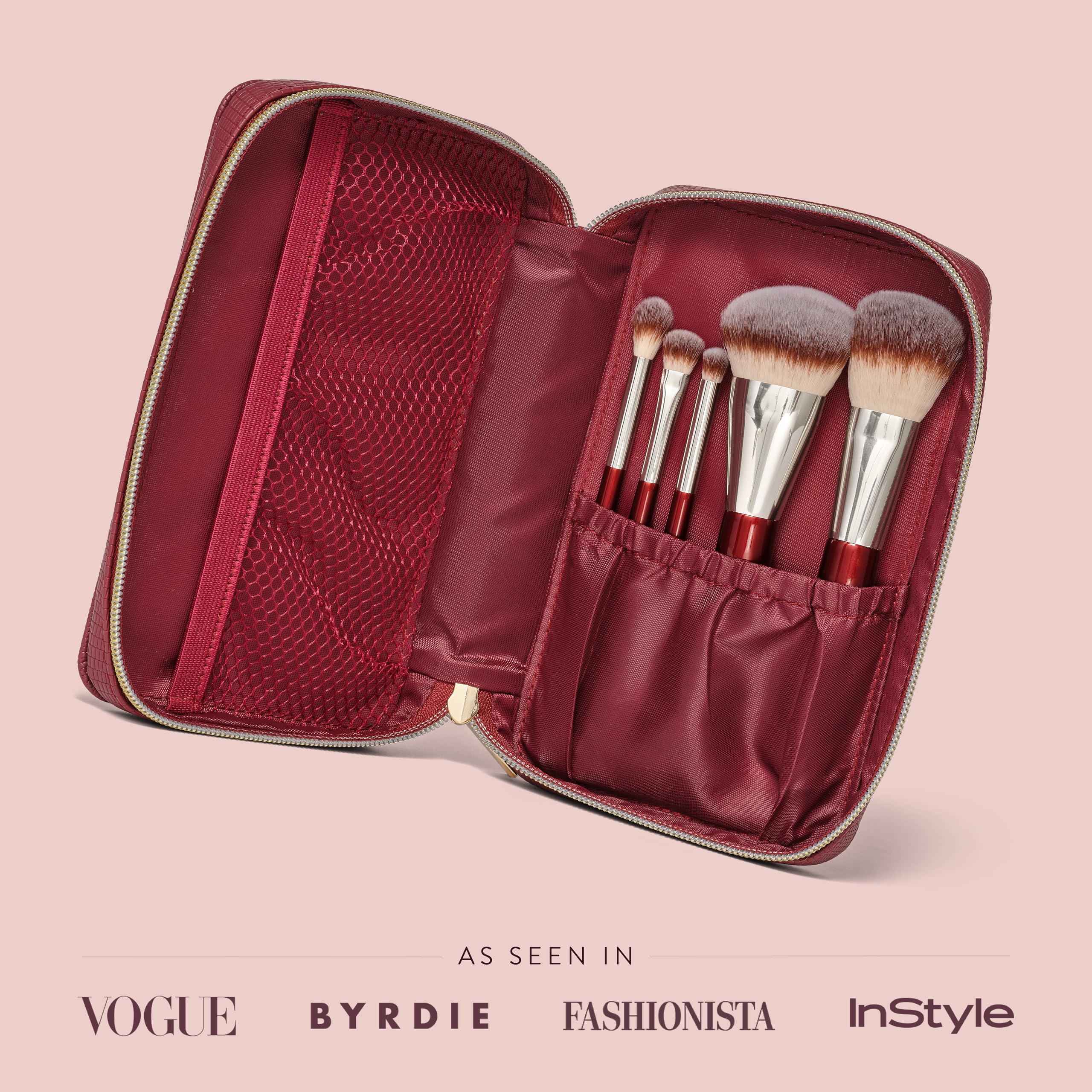 BK BEAUTY Juego de brochas de viaje con bolsa, 5 piezas, veganas, libres de crueldad animal, para cara y ojos, brochas de maquillaje ligeras y duraderas en bolsa de cuero vegano, juego de brochas de
