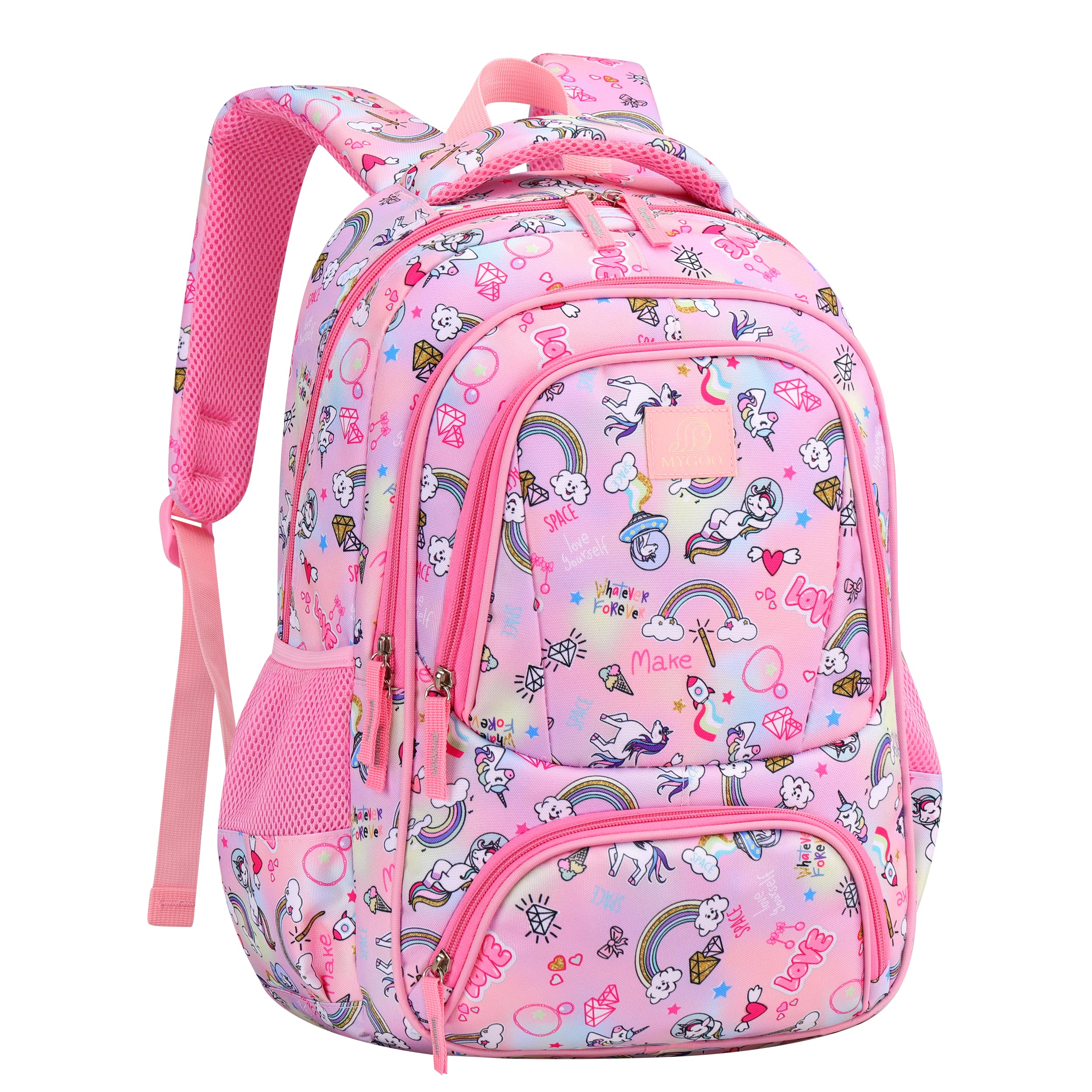 A pink children's backpack with unicorn, rainbow, heart, and star designs. One of the best backpacks for elementary schoolers, it features multiple zippered compartments, side mesh pockets, and padded shoulder straps.