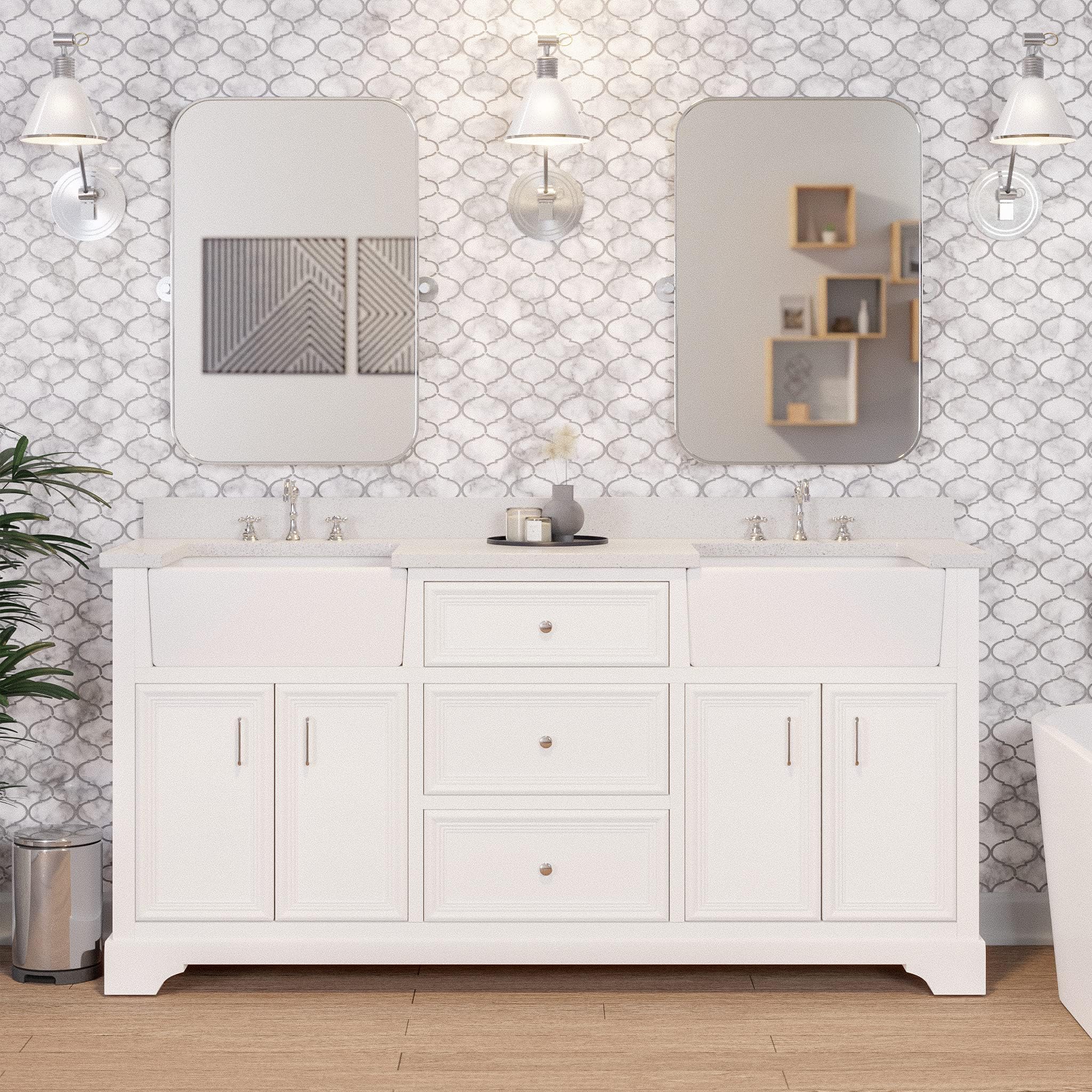 Kitchen Bath Collection Zelda 72-inch Double Farmhouse Vanity (Quartz/White): Includes White Cabinet with Stunning Quartz Countertop and White Ceramic Farmhouse Apron Sinks