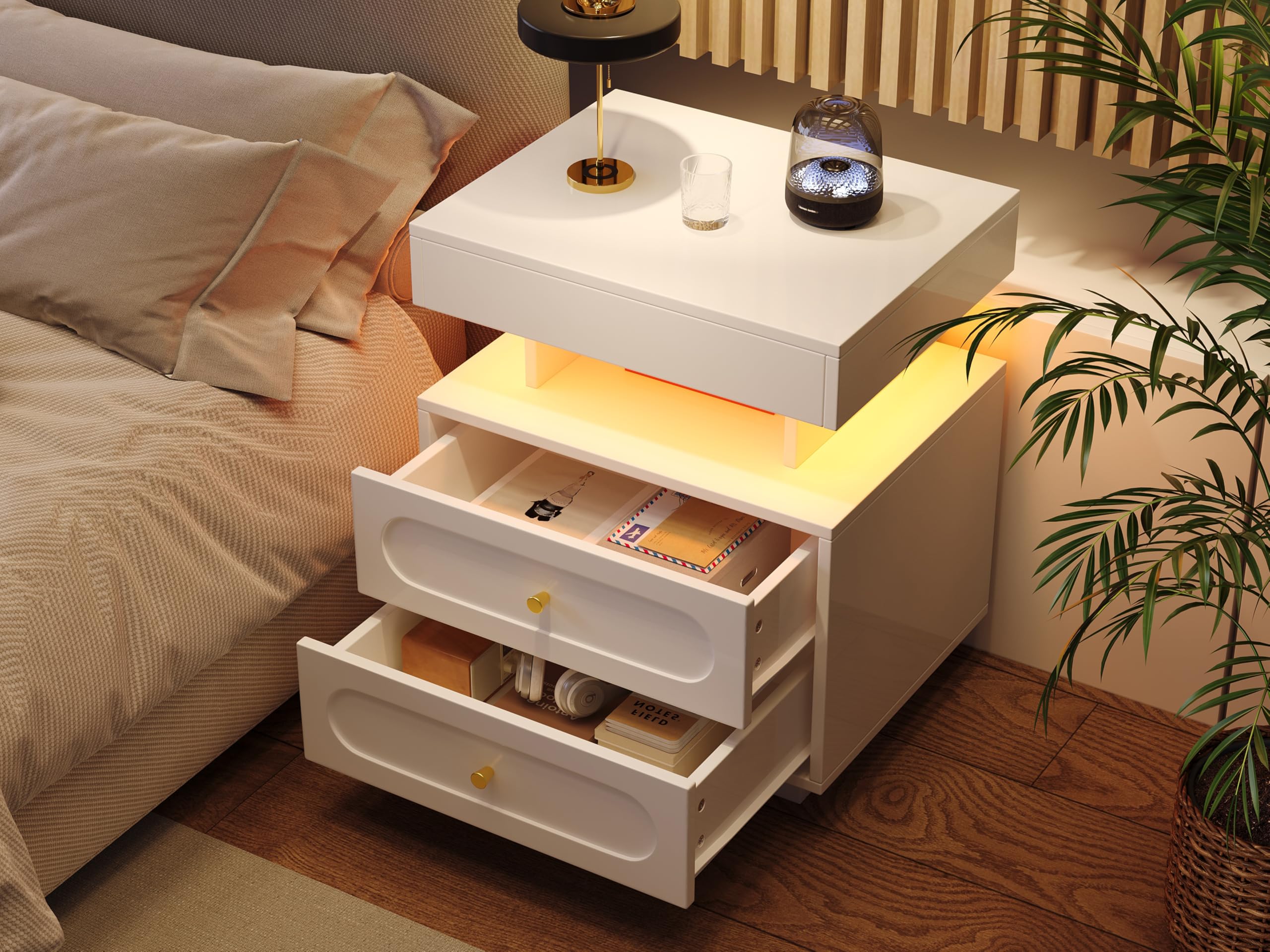 Stolik nocny z oświetleniem LED – 2 szuflady i otwarta półka, biały, szer. 50 x gł. 40 x wys. 60 cm, komoda nocna bez gniazdka (LED), wąski stolik pomocniczy do sypialni, stolik nocny