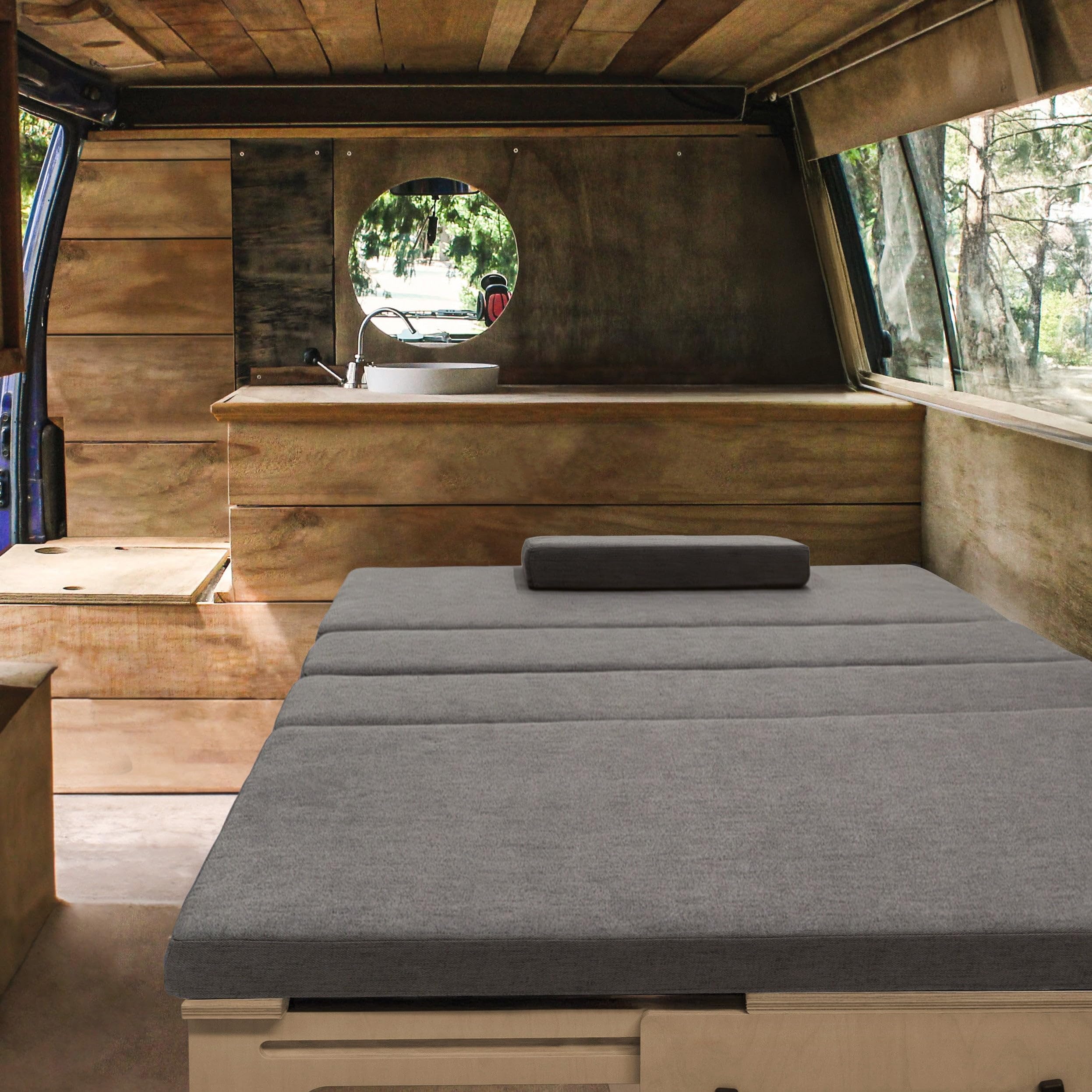Canapé-Lit en forme de L, Bois de bouleau pour Camping-Car Rangement sous banc 2 filets rangement, Compatibilité avec plusieurs véhicules, 180cm x 120 cm [Coussins, Matelas & Fixations INCLUS]