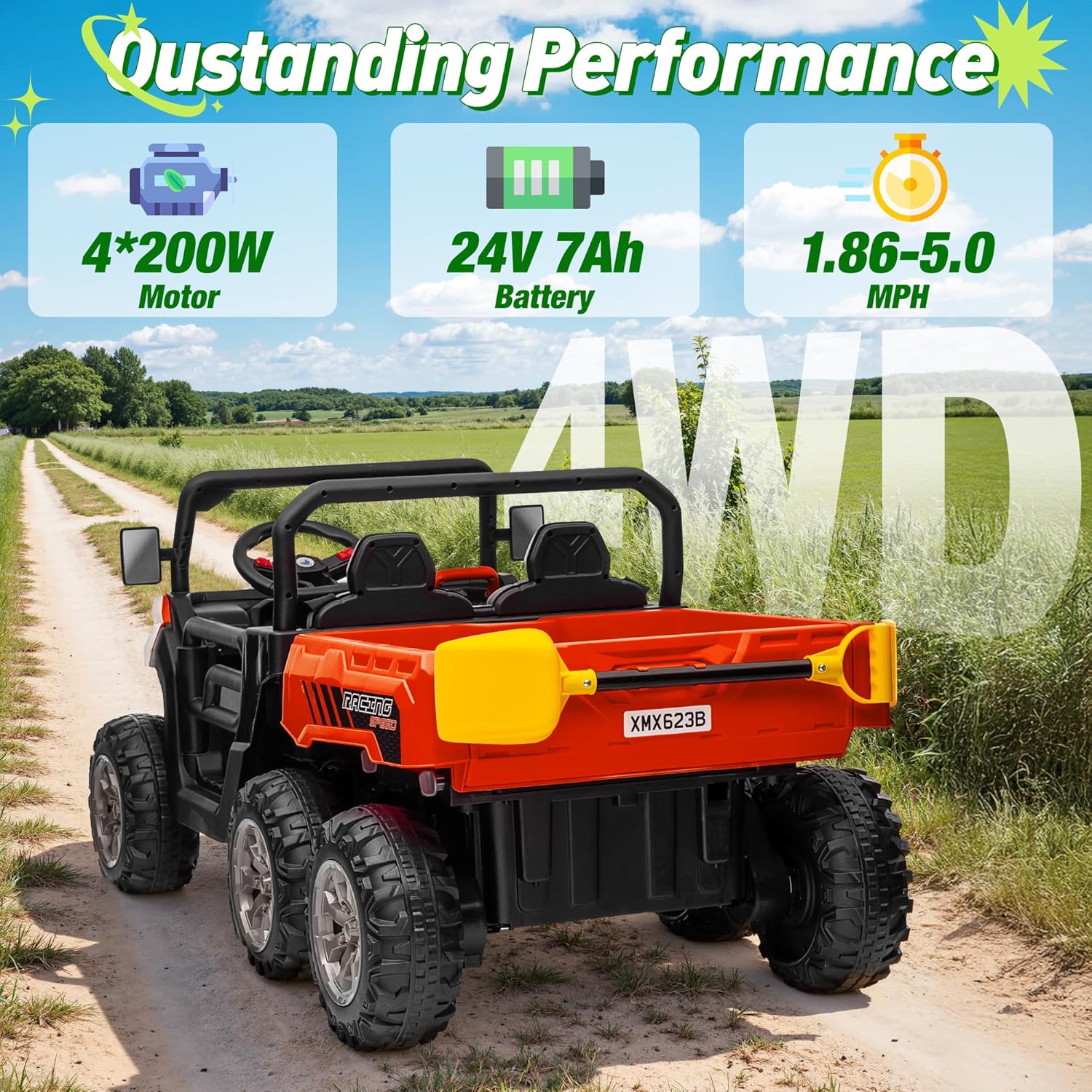 24V Ride on Dump Truck, XL 2 Seater Ride on Cars with Remote Control, 4x200W Powerful Motors, 6-Wheel Suspensions, Electric Dump Bed, Shovel, Kids UTV for Boy Girl
