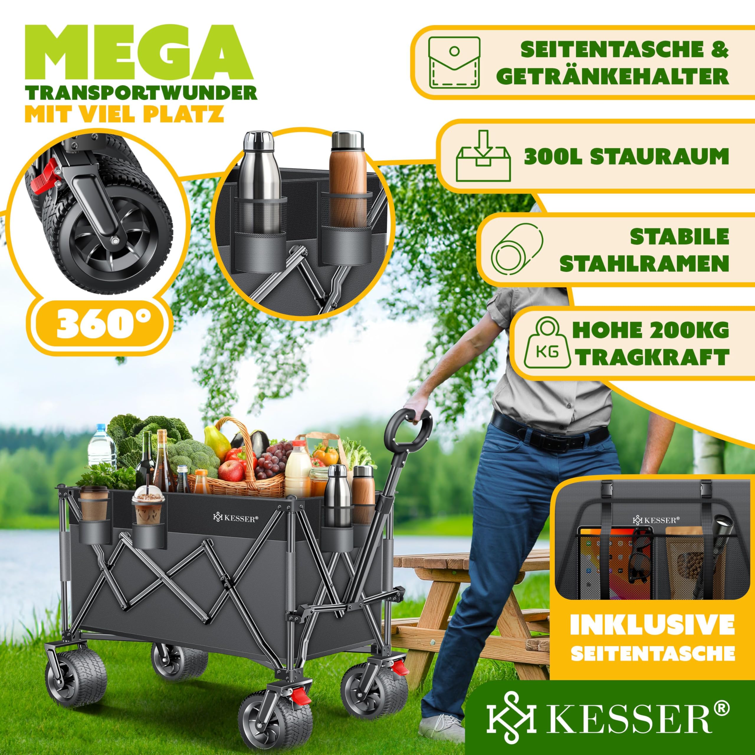 KESSER® Bollerwagen GTR9000 Handwagen 200Kg | 300L Stauraum Transportwagen faltbar extra breite 360° Räder & Feststell-Bremsen Wetterbeständig Strandwagen inkl Abdeckung Seitentasche & Getränkehalter