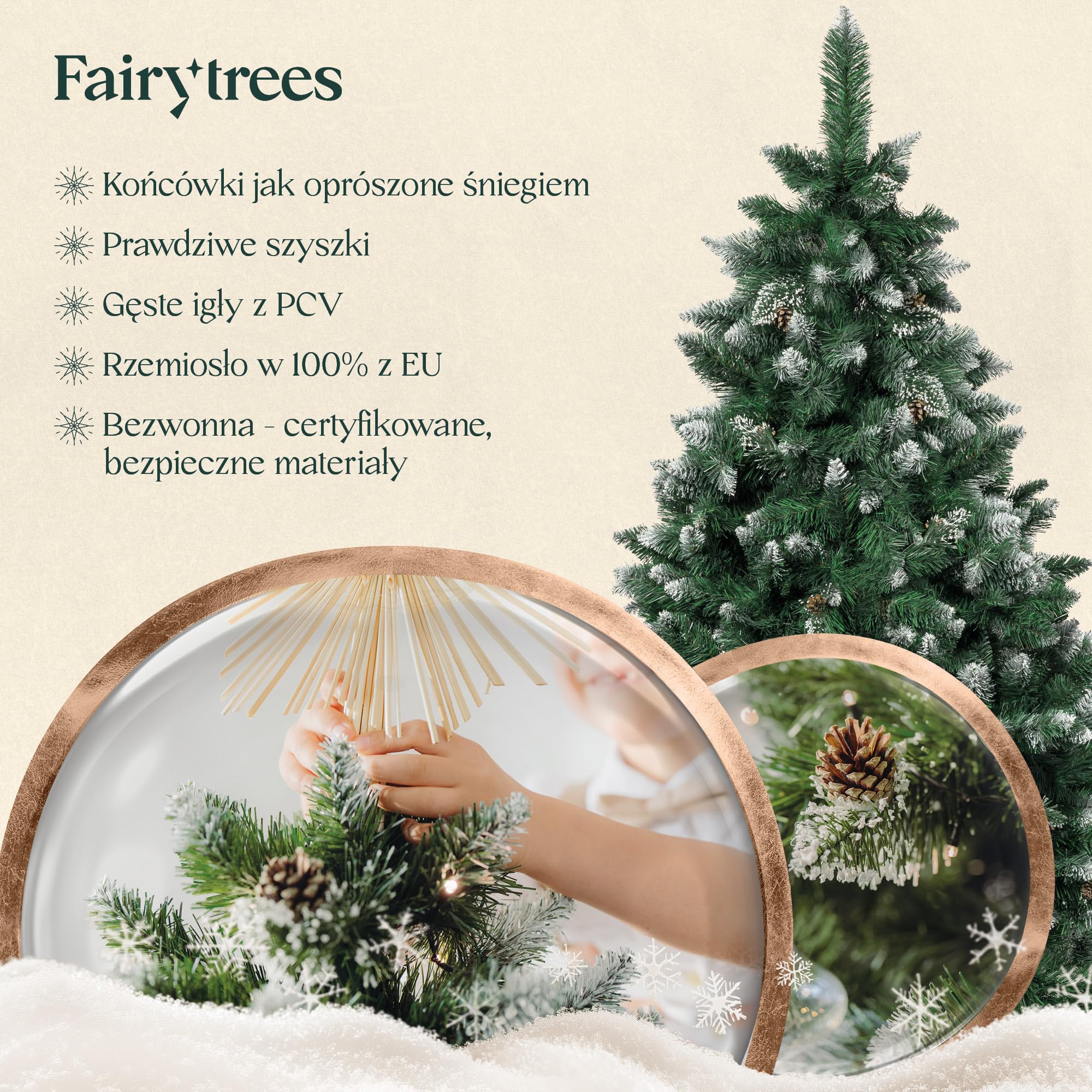 FairyTrees Choinka sztuczna – Sosna, 150 cm, efekt śniegu, prawdziwe szyszki, igły PVC, drewniany stojak z jesionu, produkcja UE