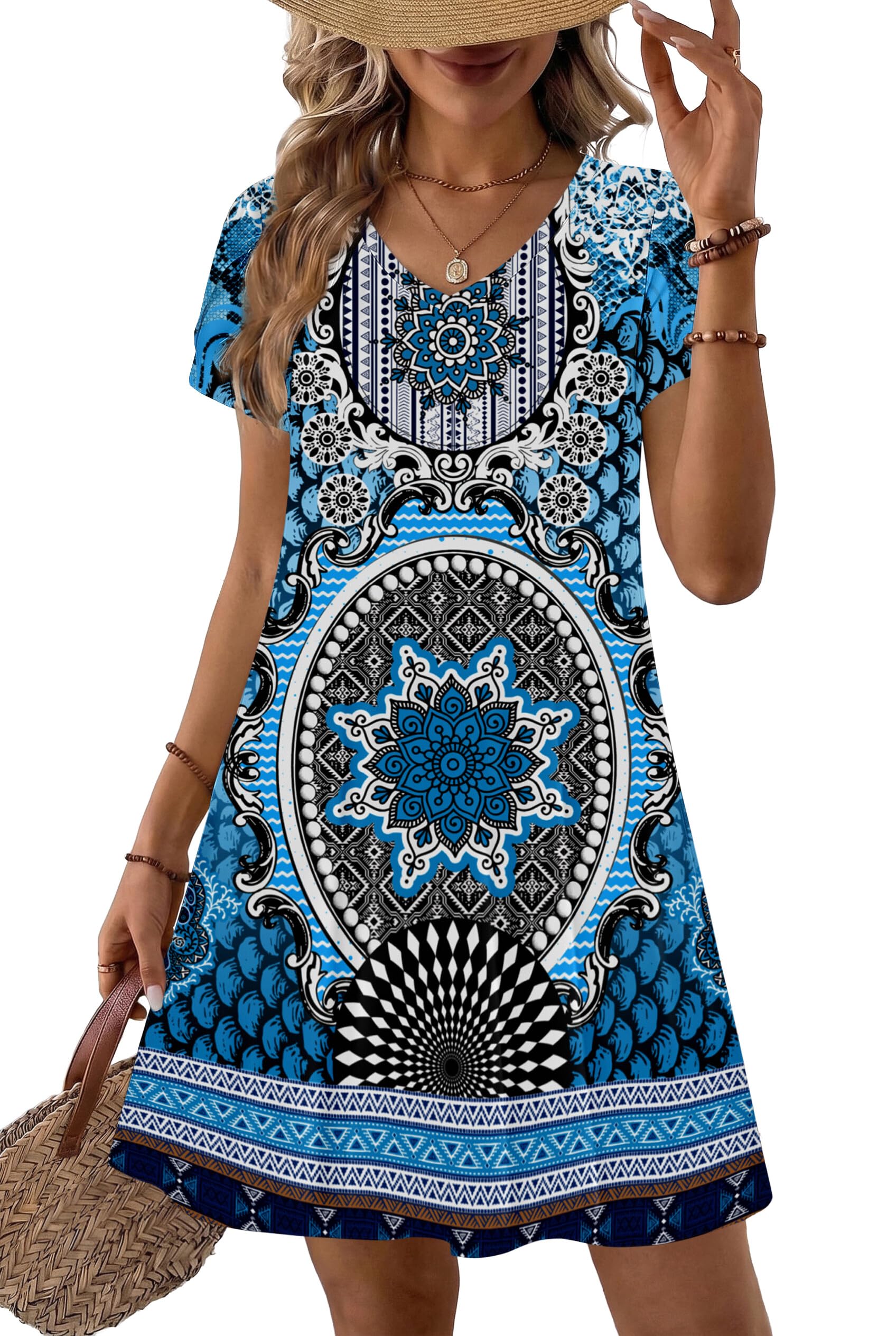 Zeagoo Womens Summer A-Line Dress with Pockets Mini Short Sleeve Dresses Flowy Beach Swing Dress 2026 Vacation Travel