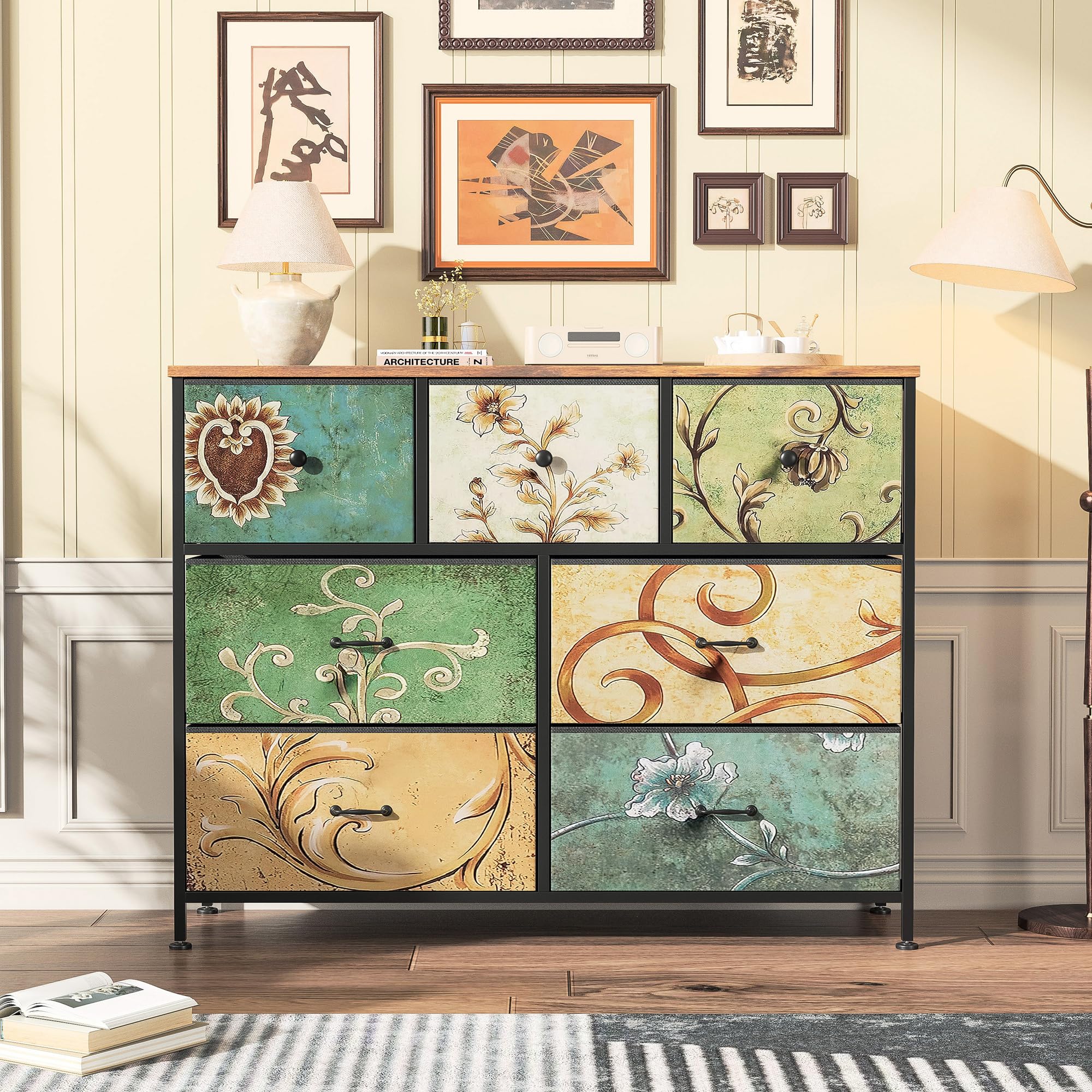 Commode à 7 Tiroirs en Tissu,Commode Chambre Adulte Armoire Tiroirs avec Plateau Bois et Cadre Métal,Meuble de Rangement pour Chambre d’Enfant, Salon et Couloir
