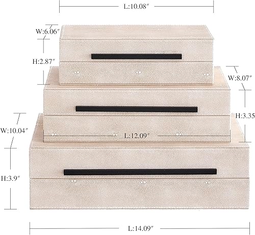 Miniatura 4 de Ivory Shagreen - Juego de 3 cajas decorativas con tapas, cajas de almacenamiento apilables de cuero grandes para decoración del hogar, caja de