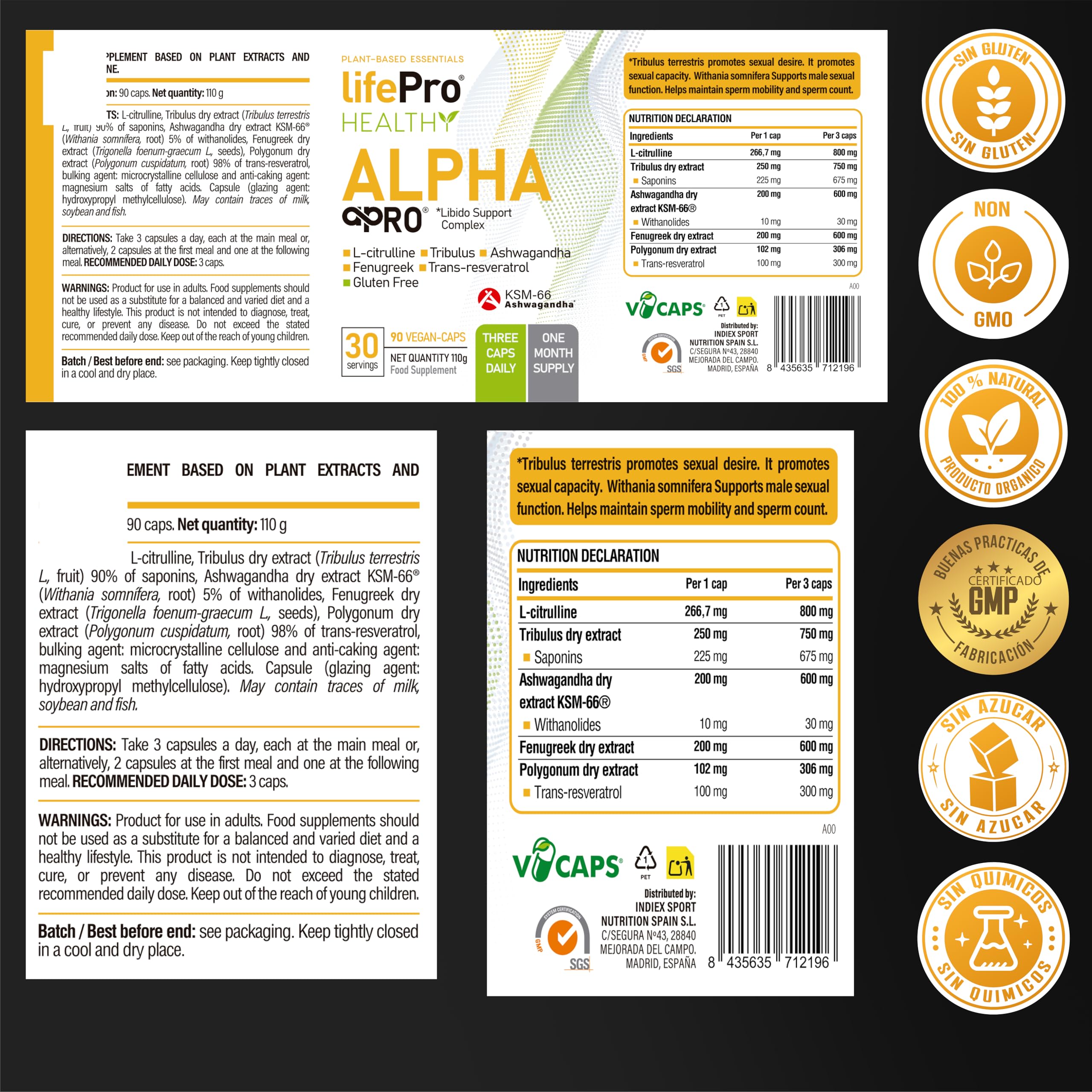Potenciador testosterona y libido hombre, Tribulus Terrestris 90% Saponinas – Alpha Pro – Fórmula 5 en 1 con KSM-66® Ashwagandha, Fenogreco, L-Citrulina y Resveratrol – Fuerza, Energía y vitalidad.