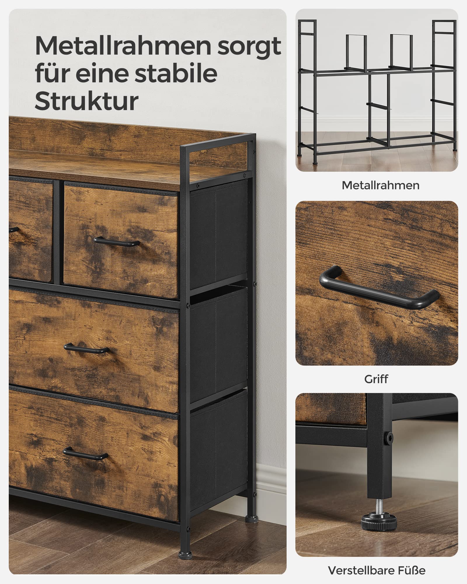 SONGMICS BELLAH Kollektion - Kommode, Schrank, 7 Stoffschubladen mit Griffen, Metallgestell, Industrie-Design, vintagebraun-tintenschwarz LTS137BH01