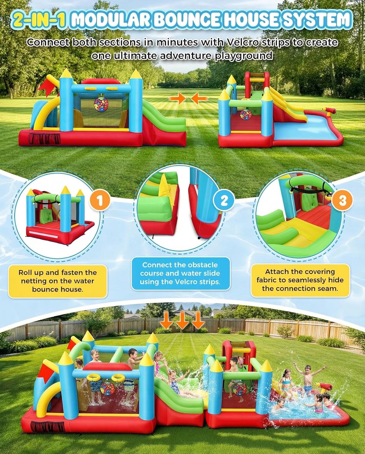 Whubefy Detachable Inflatable Wate Slide Bounce House 15.3FT+6.3FT Combo, Obstacle Course & Waterslide, Tunnel/Jumping Area/Spalish Pool, Idear for Summer Fun, Inflatable Water Park Holds 8 Kids