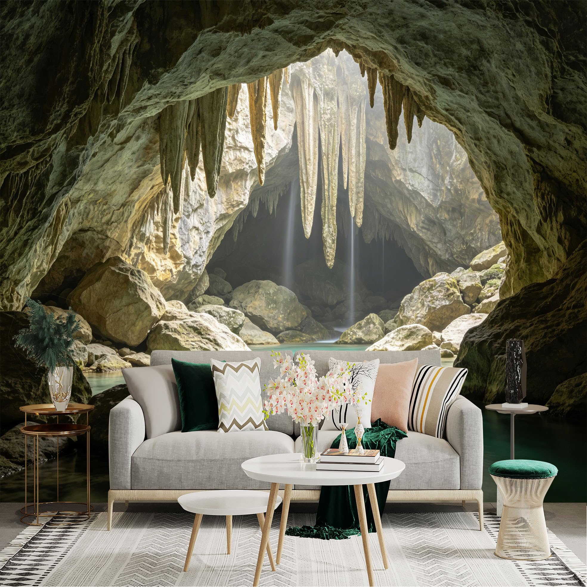 Lnzczhyre Dbh260521972 Custom Size Wall Sticker Mural， Natural Limestone Cave， Stalactite Formation， Underground Waterfall With Turquoise Lake， For Wall Decoration， Peelandstick Wall Decals.