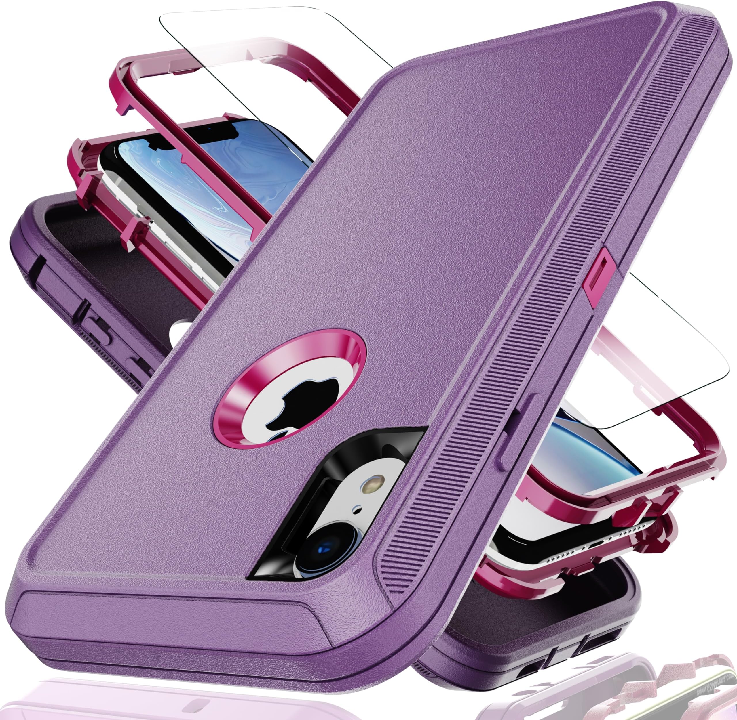 YmhxcY for iPhone XR Case 6.1-Inch with Explosion-Proof Screen Protector,3 in 1 Shockproof TPU Hard PC Bumper Drop-Proof Shell for iPhone XR-Purple