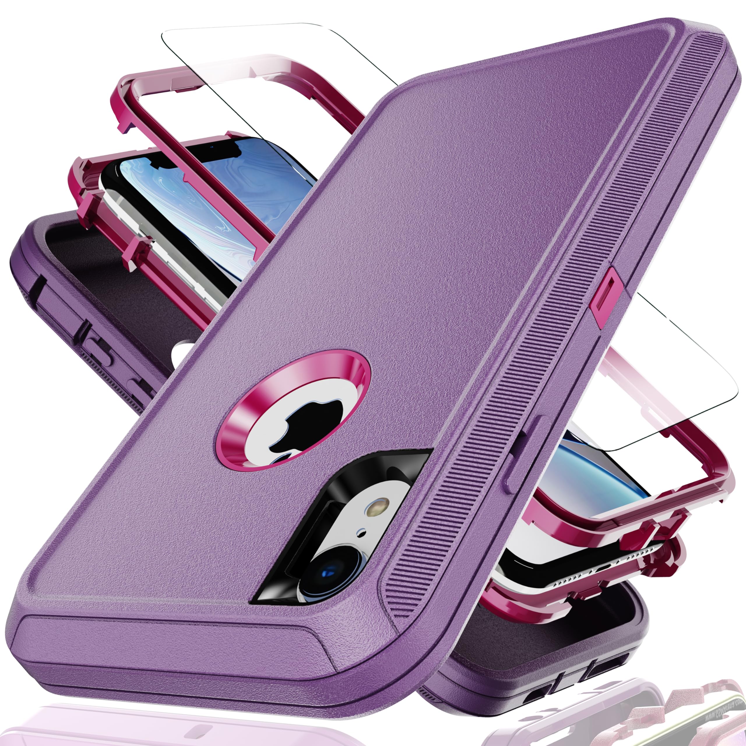 YmhxcY for iPhone XR Case 6.1-Inch with Explosion-Proof Screen Protector,3 in 1 Shockproof TPU Hard PC Bumper Drop-Proof Shell for iPhone XR-Purple