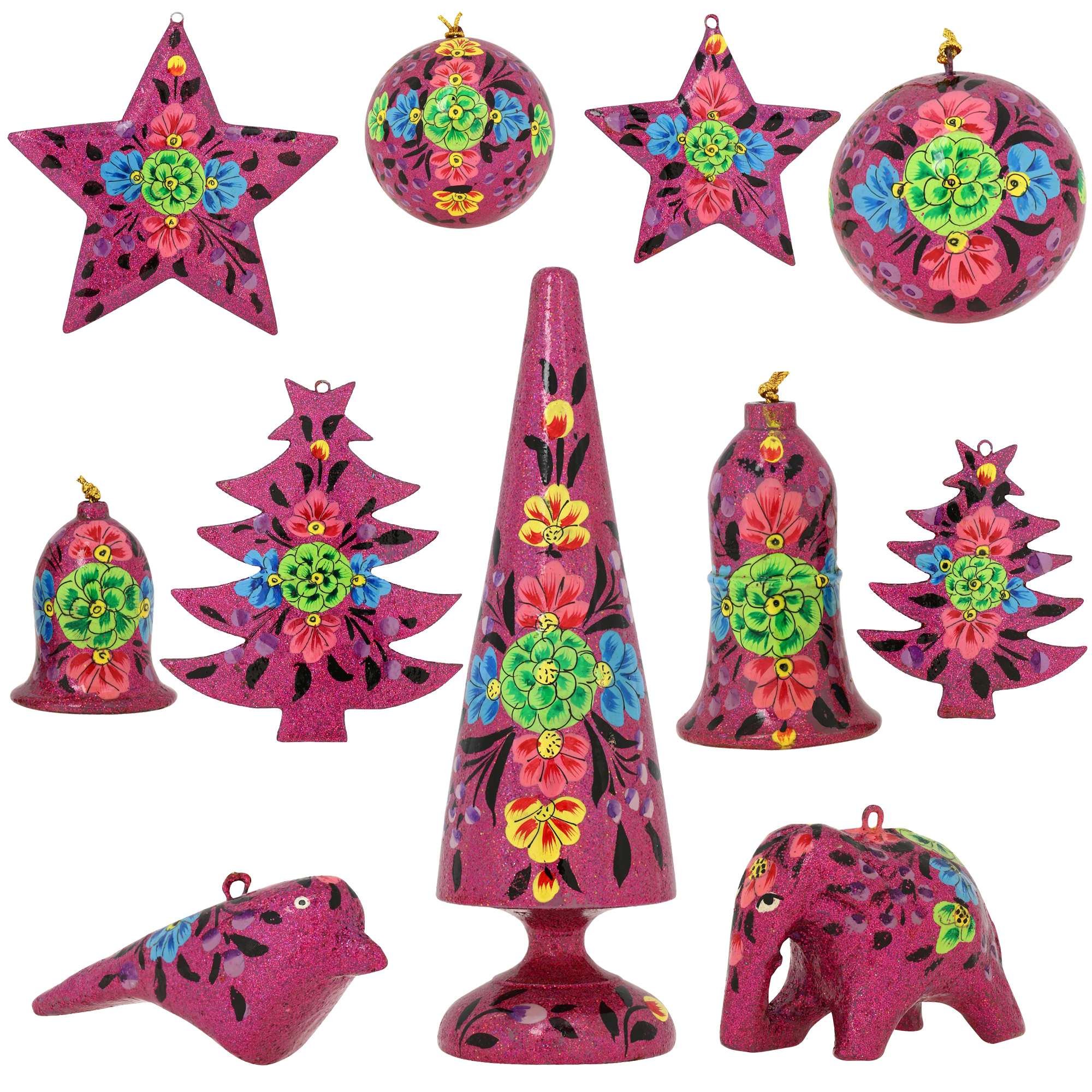 Shalinindia Wholesale Christmas Decorations Paper Mache Hanging Tree Ornaments, 50 Sets of 11 Items