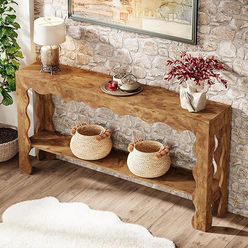 Miniatura 8 de Tribesigns Mesa de entrada larga estrecha de 63 pulgadas, mesa consola moderna de 2 niveles con almacenamiento y patas festoneadas, mesa de sofá