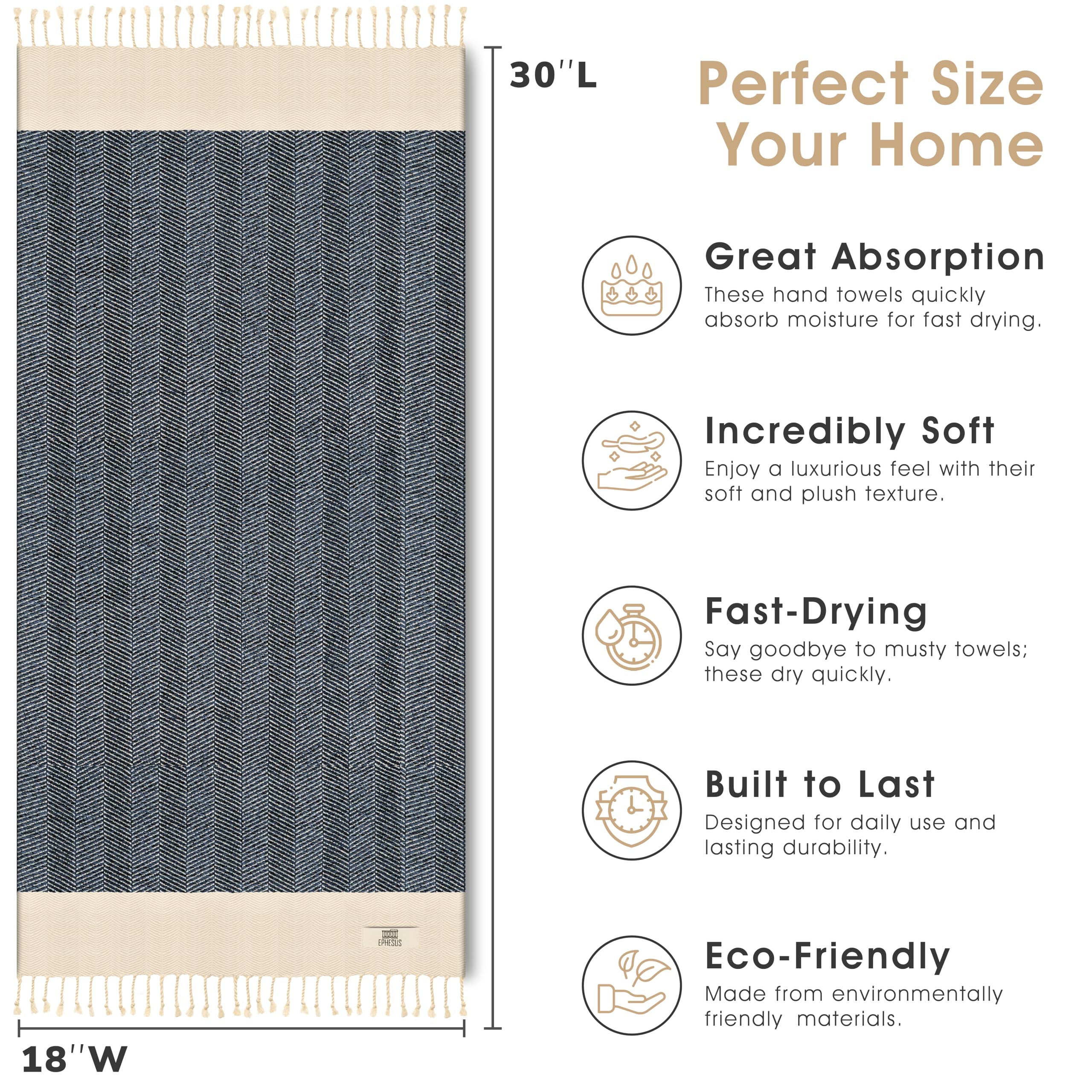 EPHESUS TOWELS Juego de 2 toallas de mano, 18 x 30 pulgadas, toalla de mano turca decorativa para baño, cocina, invitados, cara, cabello, té, paño de cocina (hueso de hueso, azul oscuro)
