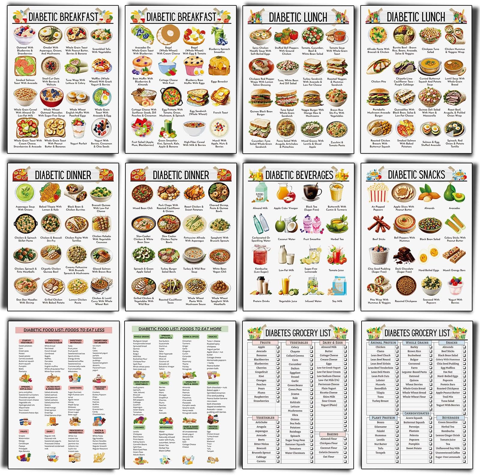 Sinload 12 Pcs Diabetes Food List Diabetes Meal Chart Information Diet Plan, Low Carb Foods List for Blood Sugar Control (Diabetic Food Plan)