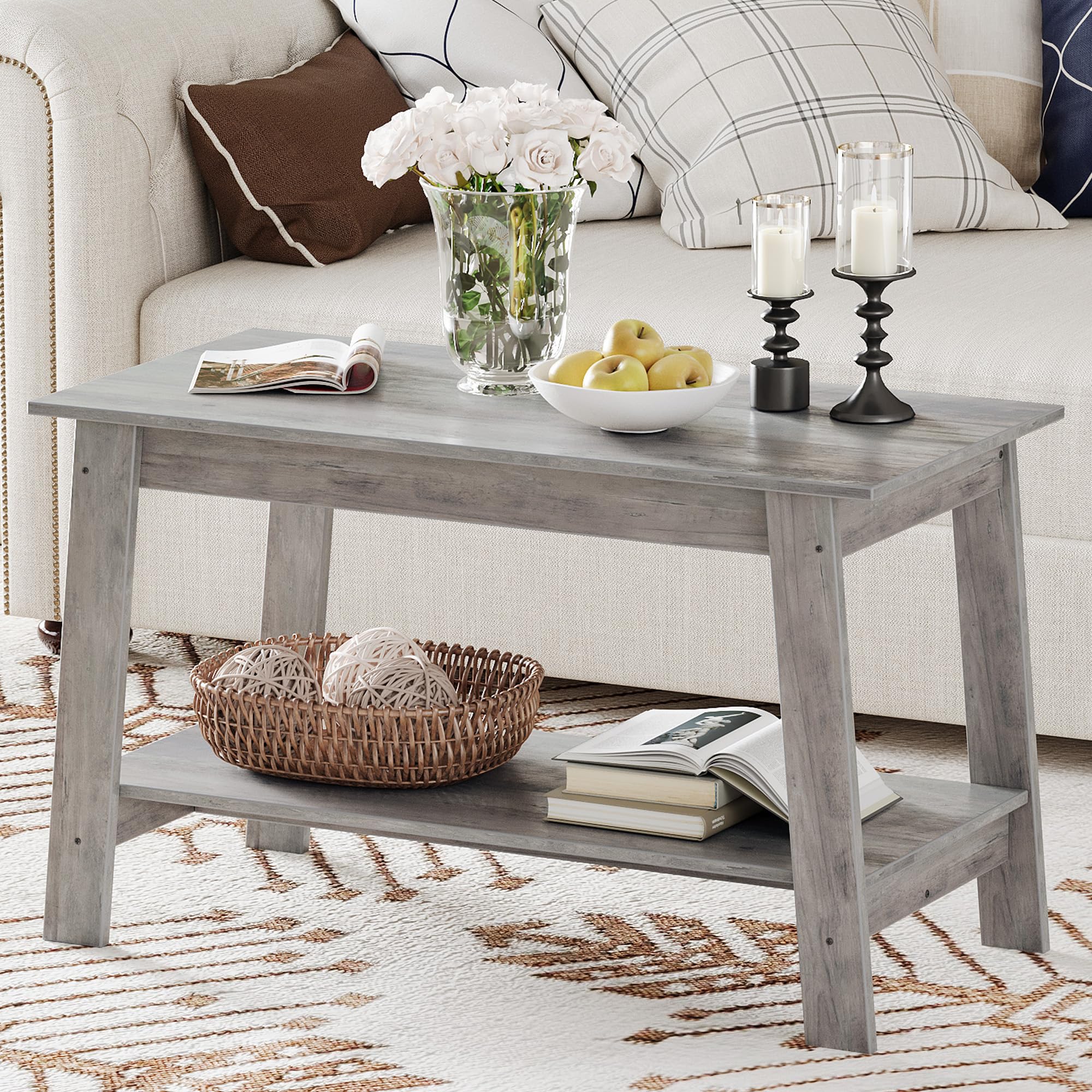 GarveeHome Mesa de Centro con Estante Abierto, Mesa de Centro Madera de 2 Niveles Estilo Farmhouse, Mesita de Salón Rectangular y Mesita de Sofá Compacta (80 x 39 x 48 cm), Gris