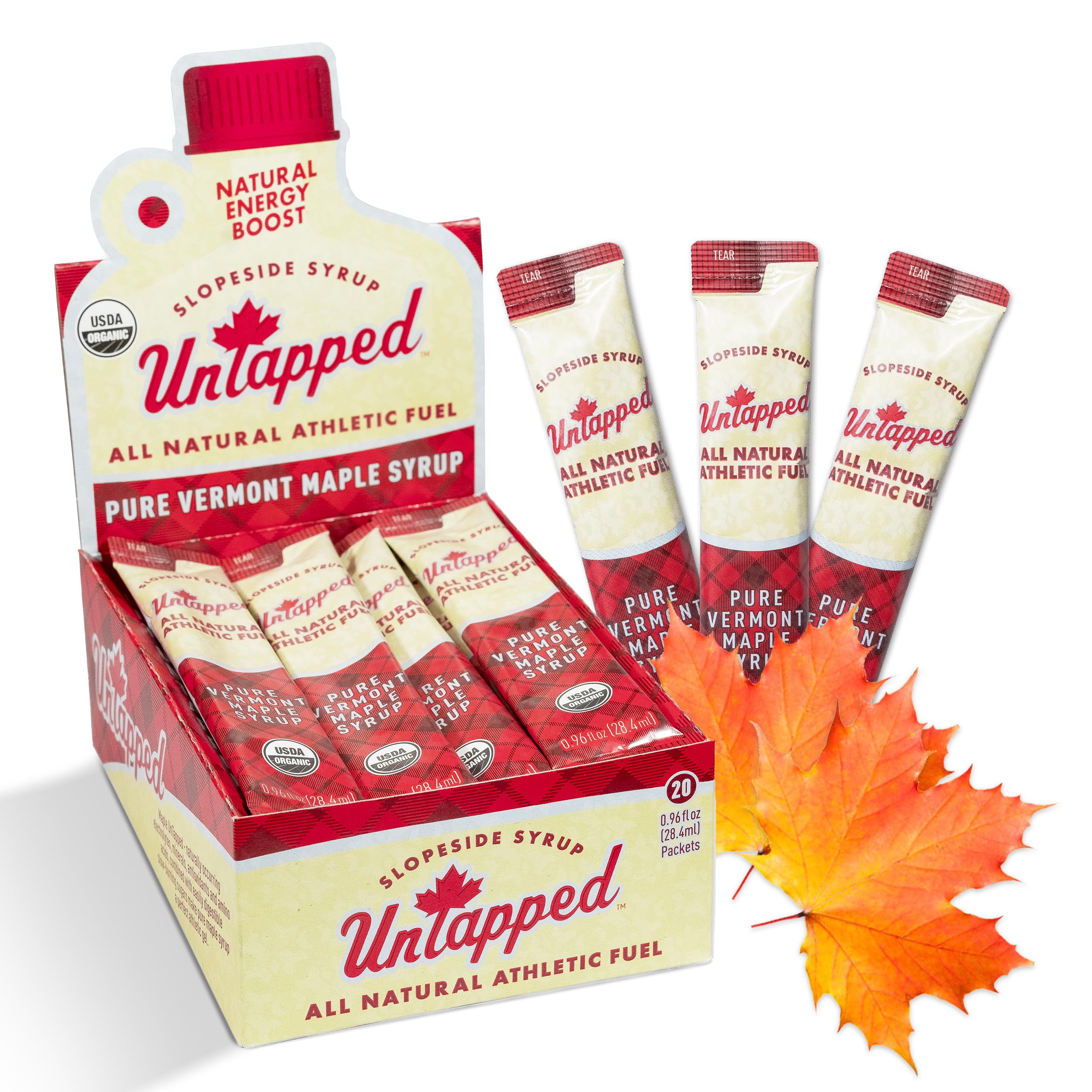 UnTapped Vermont Maple Syrup Packets for Athletes, Box of 20-0.96 Fl Oz | Organic Pure Maple Syrup for Natural Endurance Energy | Fuel to Keep You Running Longer