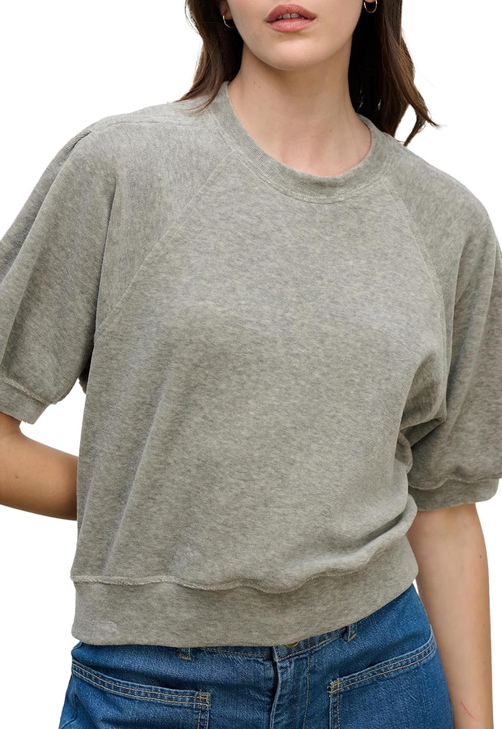 VELVET BY GRAHAM & SPENCER Women's Avis Short Sleeve Cotton Velour Sweater, Heather Grey, X-Small