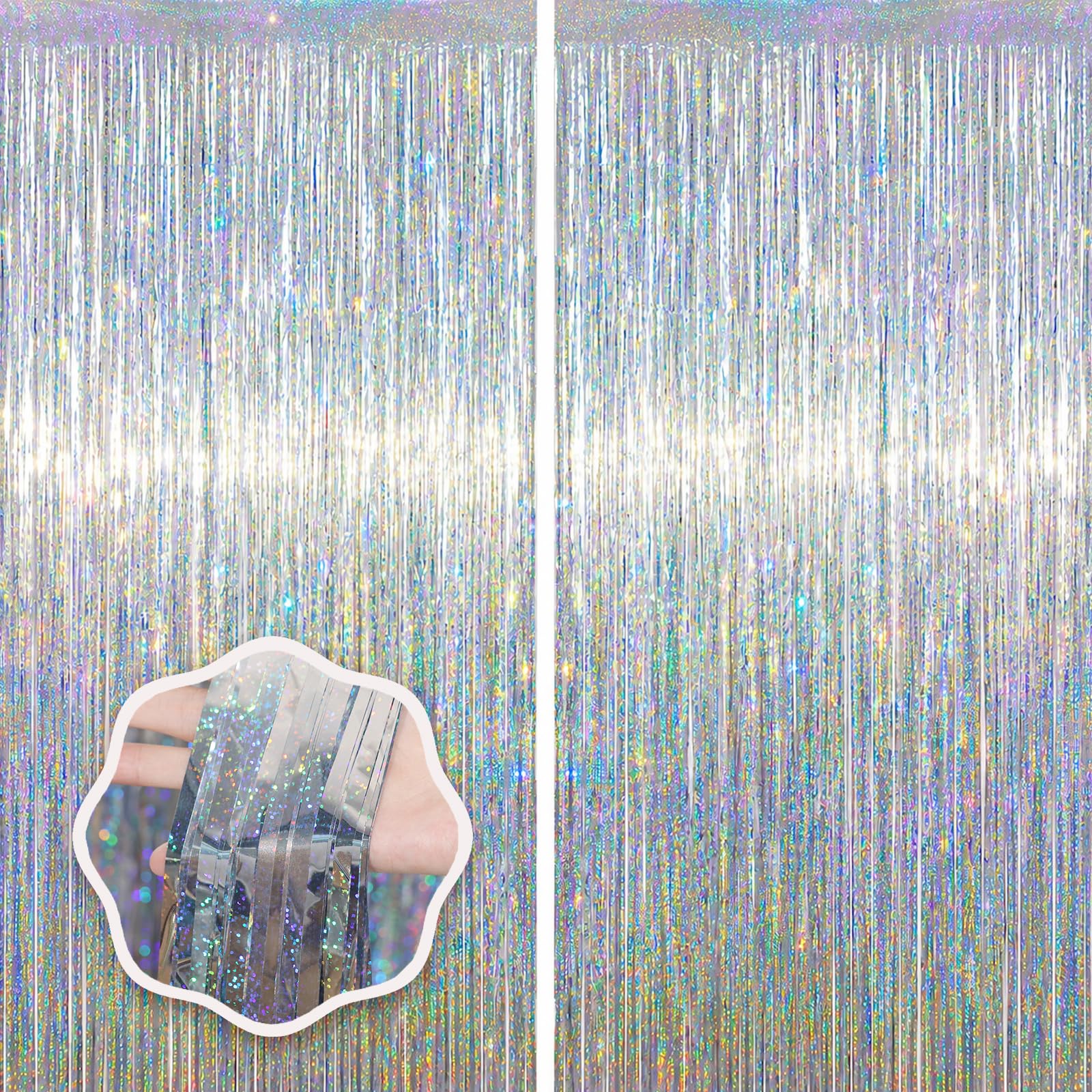 Voircoloria Laser Silver Foil Fringe Backdrop Curtains,3.3x6.6ft, 2 Pack