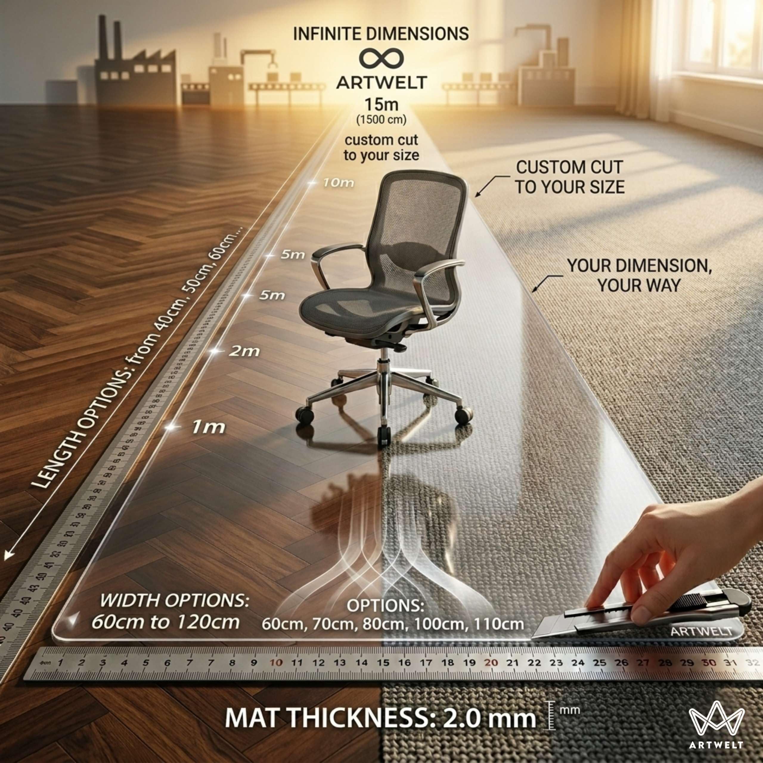 Artwelt Tapis de Sol Transparent 2 mm pour Chaise de Bureau – Protège-Sol Léger pour Bureau à Domicile Taille Personnalisable (120cm X 90cm)