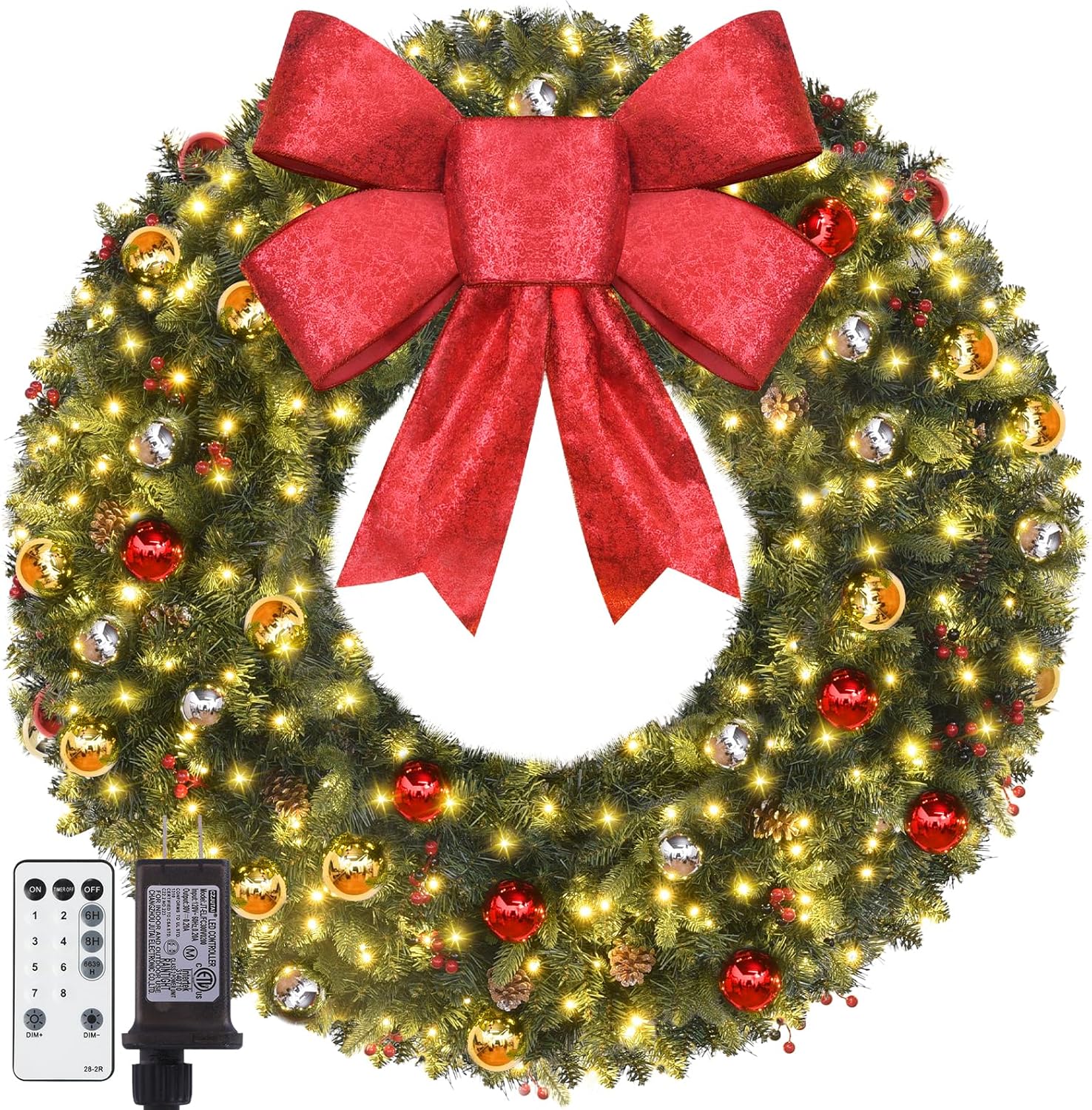 Christmas Wreath Outdoor - 48inch Christmas Wreath with Lights 200led Timerable & Dimmable - Prelit Christmas Wreaths with 512 PVC Tips Artificial Xmas Wreaths with Bow for Walls Mantel Garages