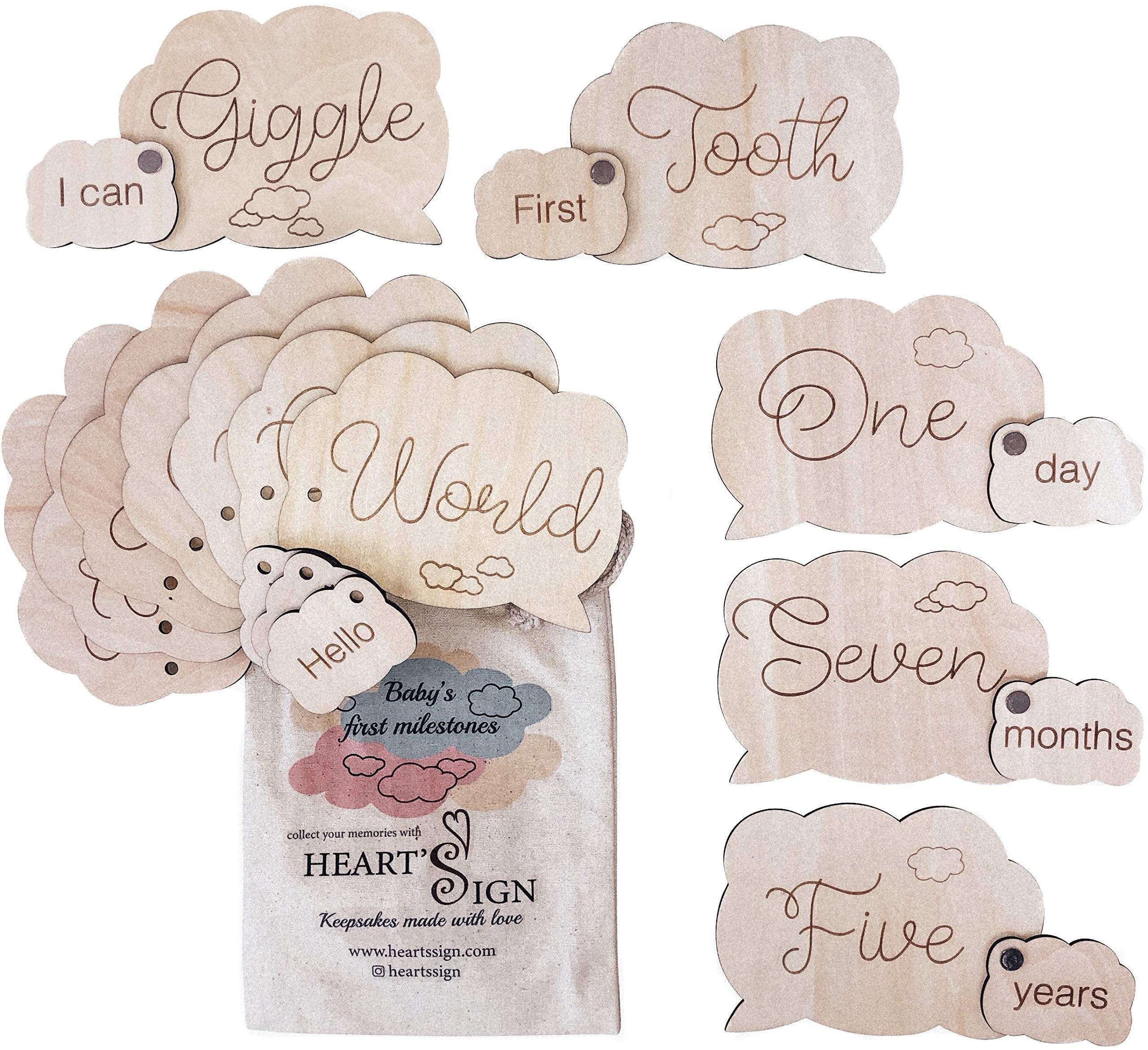Heart's Sign 24 Designs Newborn Life Events Milestones Cards | Baby Monthly Weekly & Occassions Wood Discs Gift Set | Newborn Photography Props
