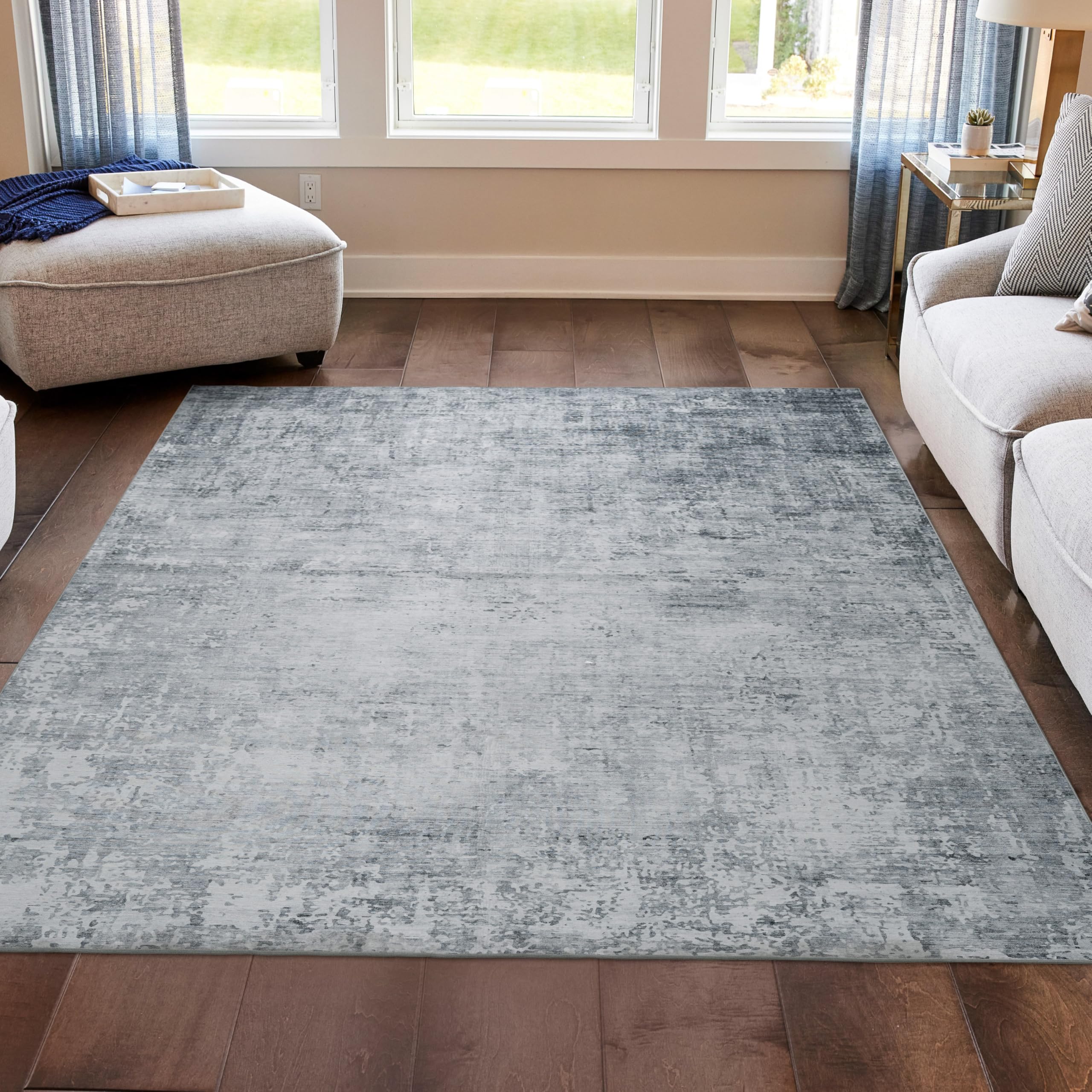 Wyatt & Ash Blue Hazen Abstract Imagine Printed Chenille 5'3" x 7'5" Non Skid & Machine Washable Area Rug