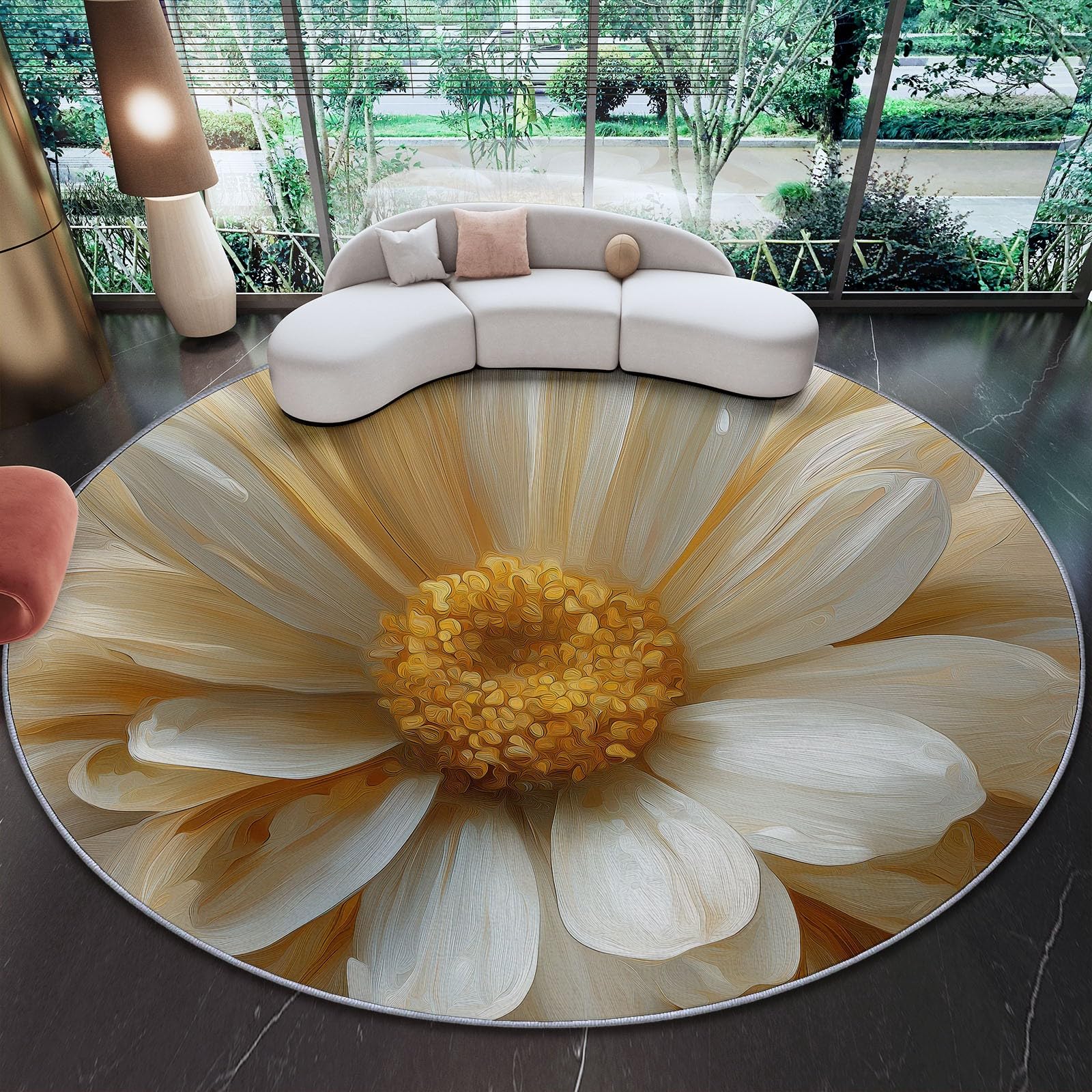 Tapis rond moelleux motif peinture à l'huile marguerites 150cm