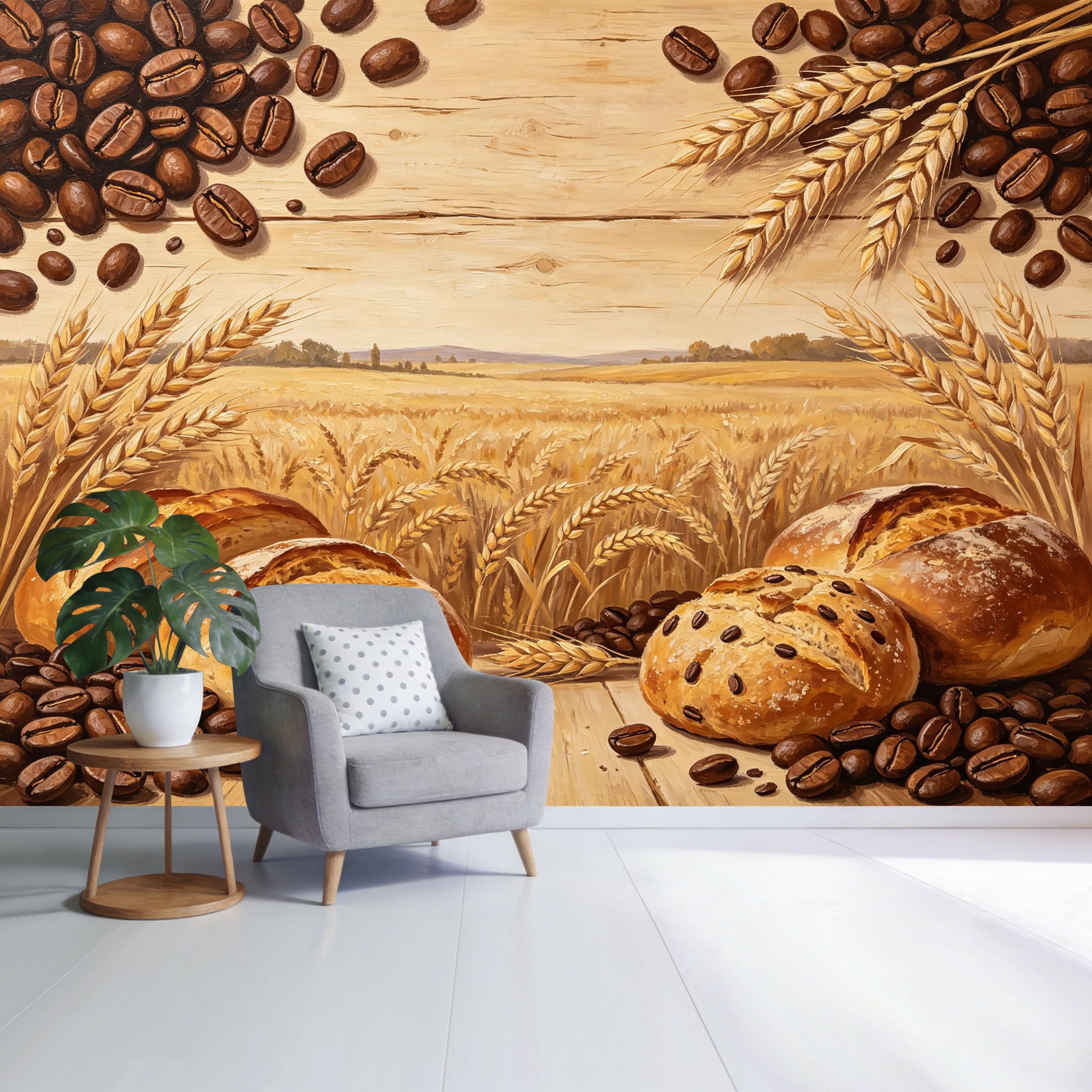 Custom Size Wall Mural Rustic Wheat Field Coffee Beans Bread Still Life Farmhouse Style SelfAdhesive Wall Fabric Removable Wallpaper for Home Office Decor
