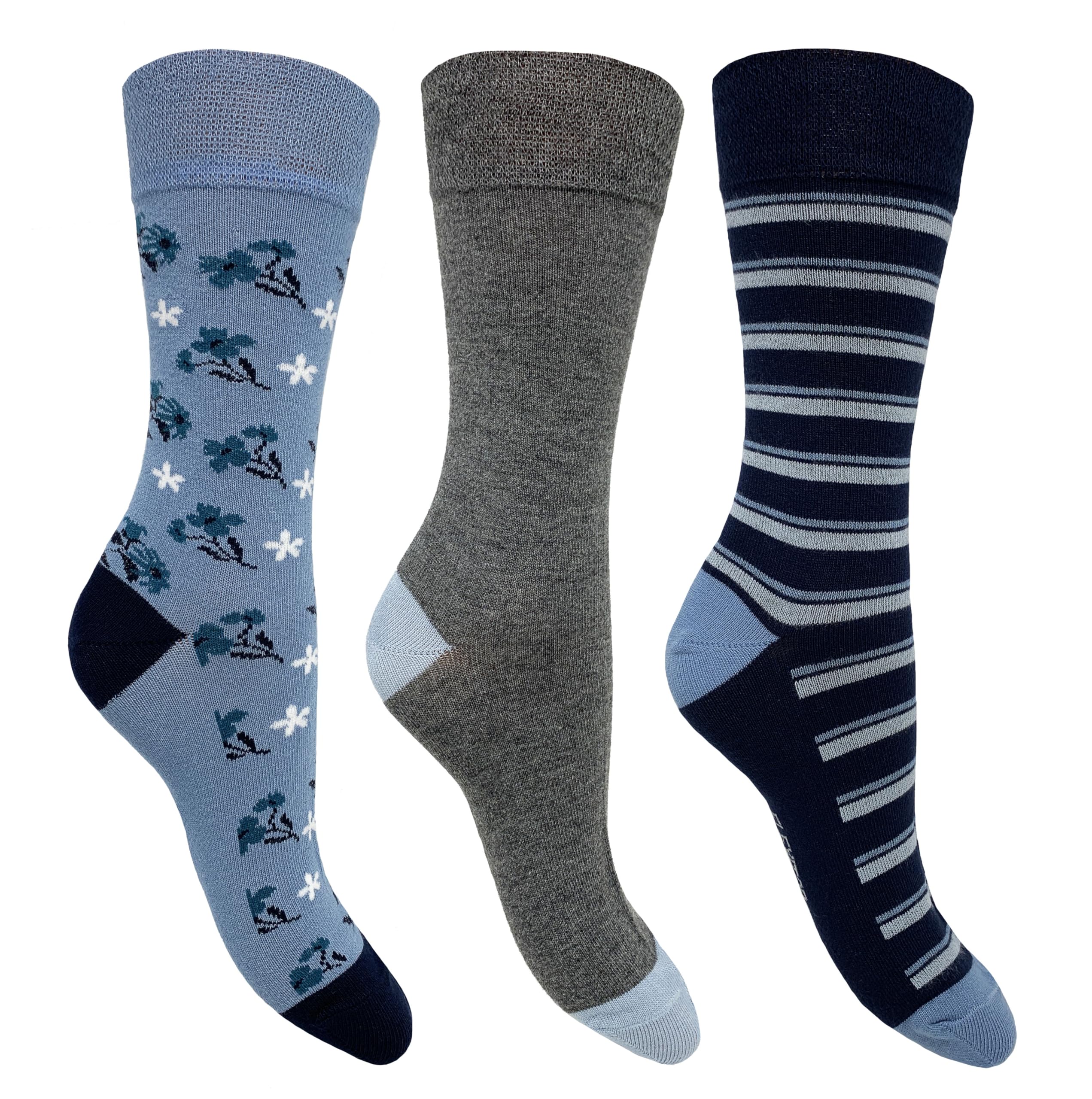 Flexitop Ladies - Bamboo Socks | 3 Pairs | U.K. Size 4-7 | Ladies mix design socks, soft hold, comfort, gentle grip, bamboo, cushioning socks (Floral)